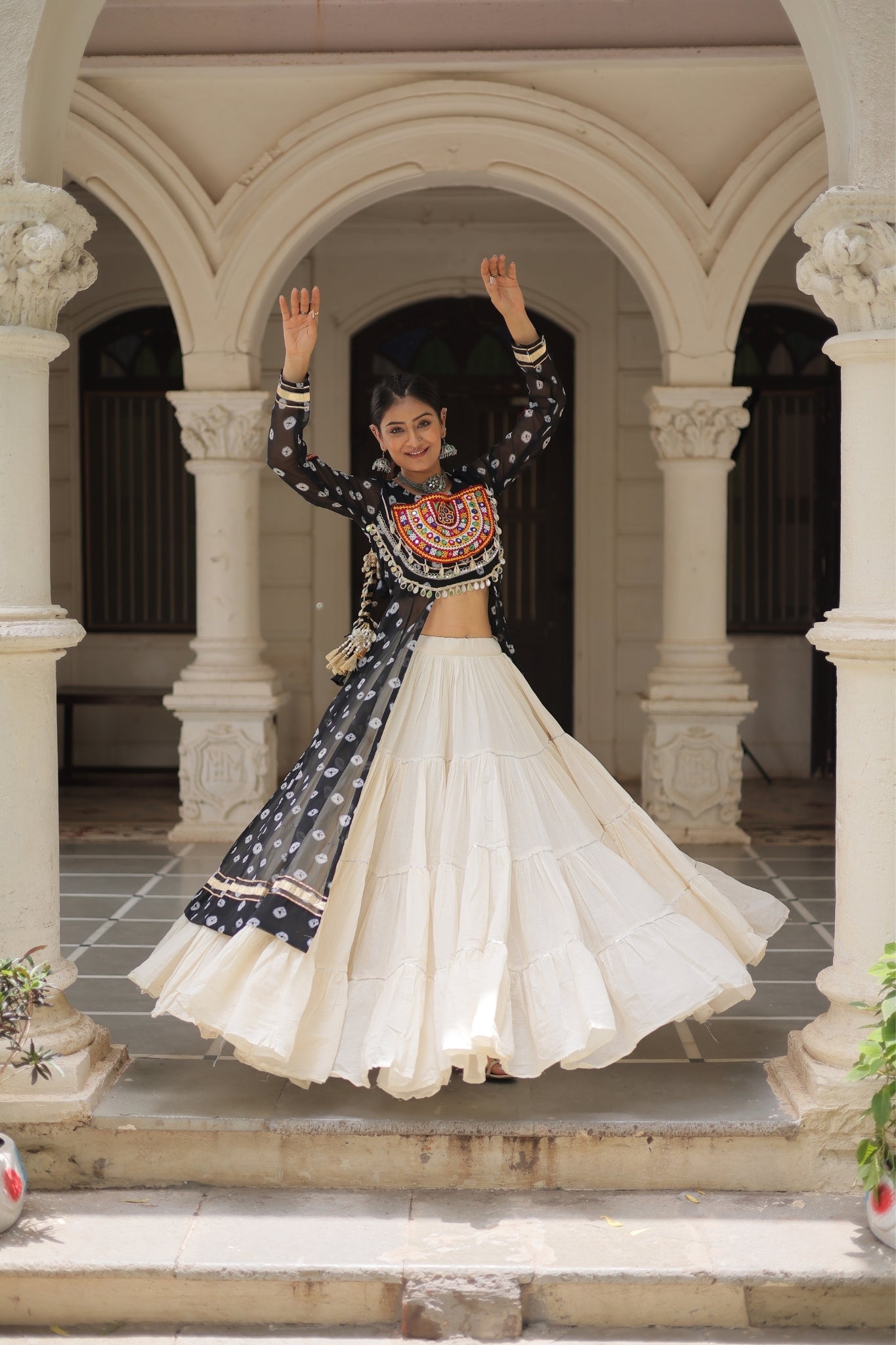 Kora Cotton Stylish Frill Stitching Beautiful Navratri Lehenga With Bandhani Printed Kurti