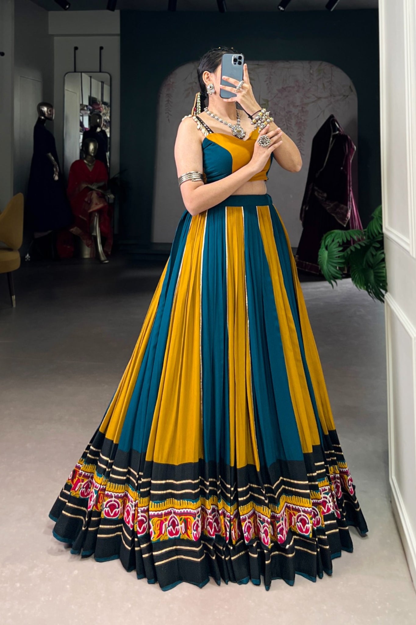 Mustard Pure Rayon Gamthi Work With Gotta Patti Lace Touch Up Navratri Lehenga Choli