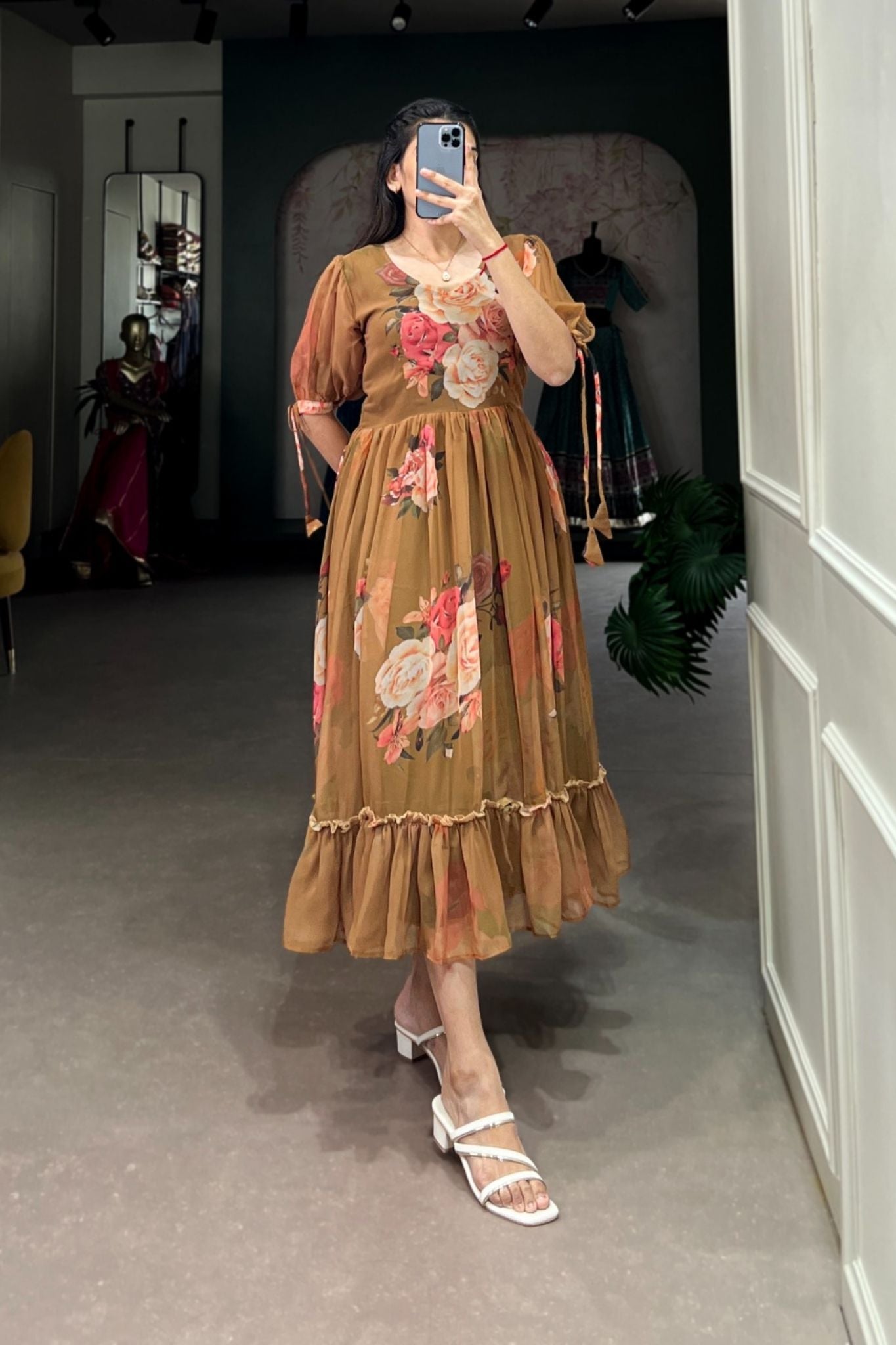 Brown Floral Printed Georgette Dress