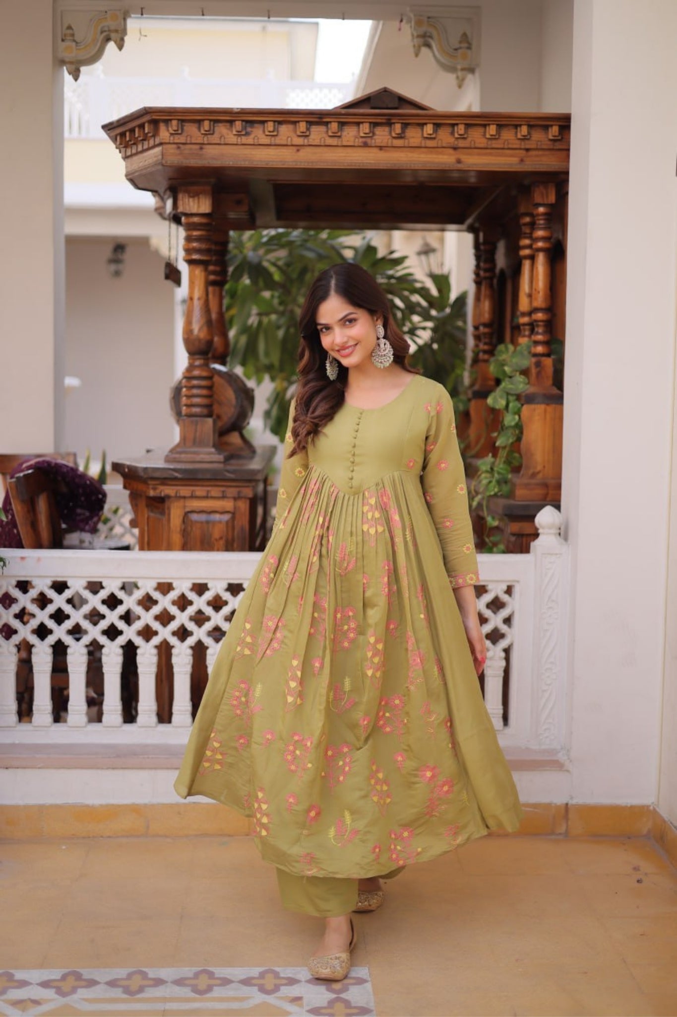 Mal Chanderi Embroidered Anarkali Kurta Pant Set For Women