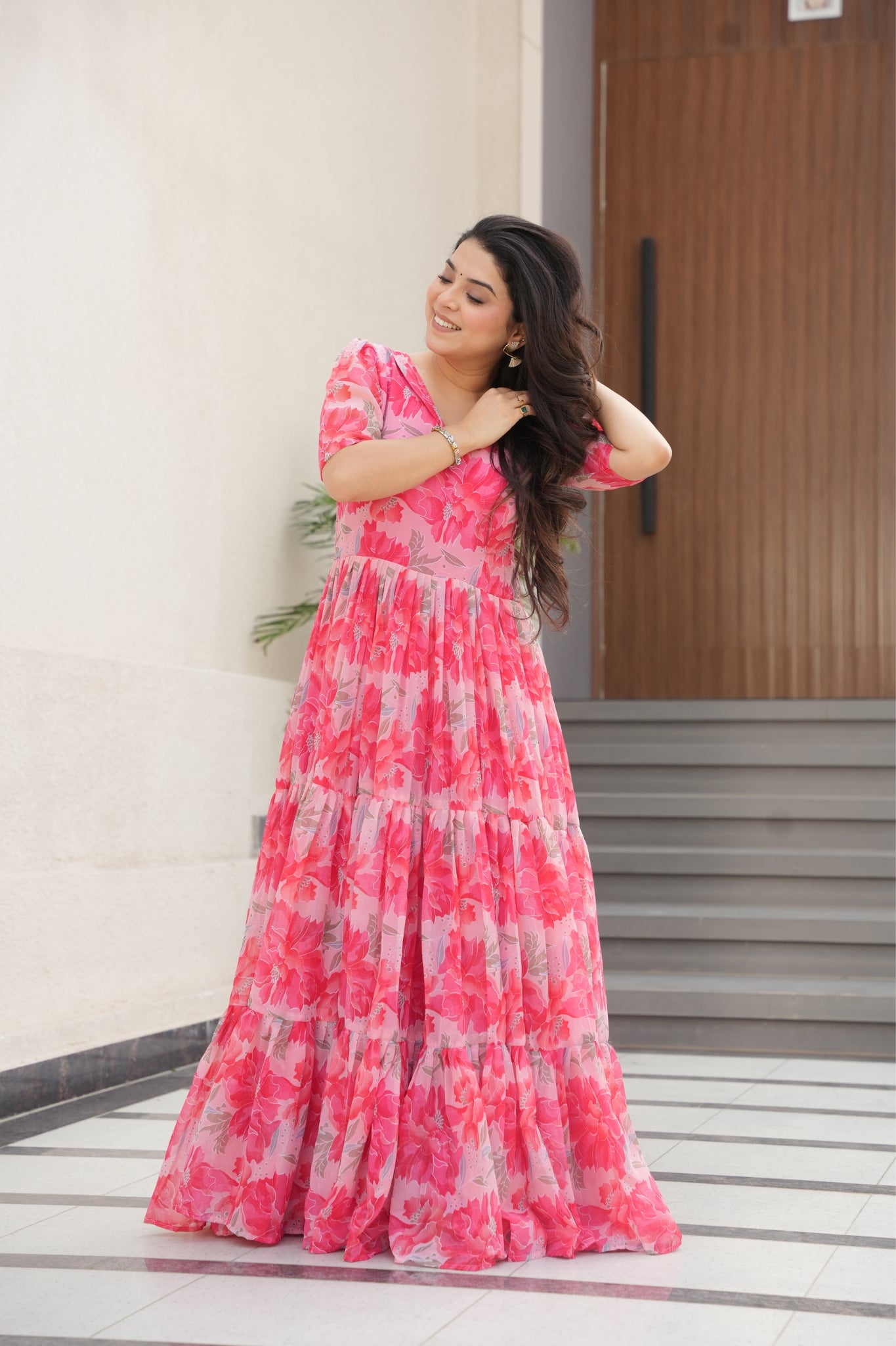 Floral Printed Georgette Women Tiered Gown