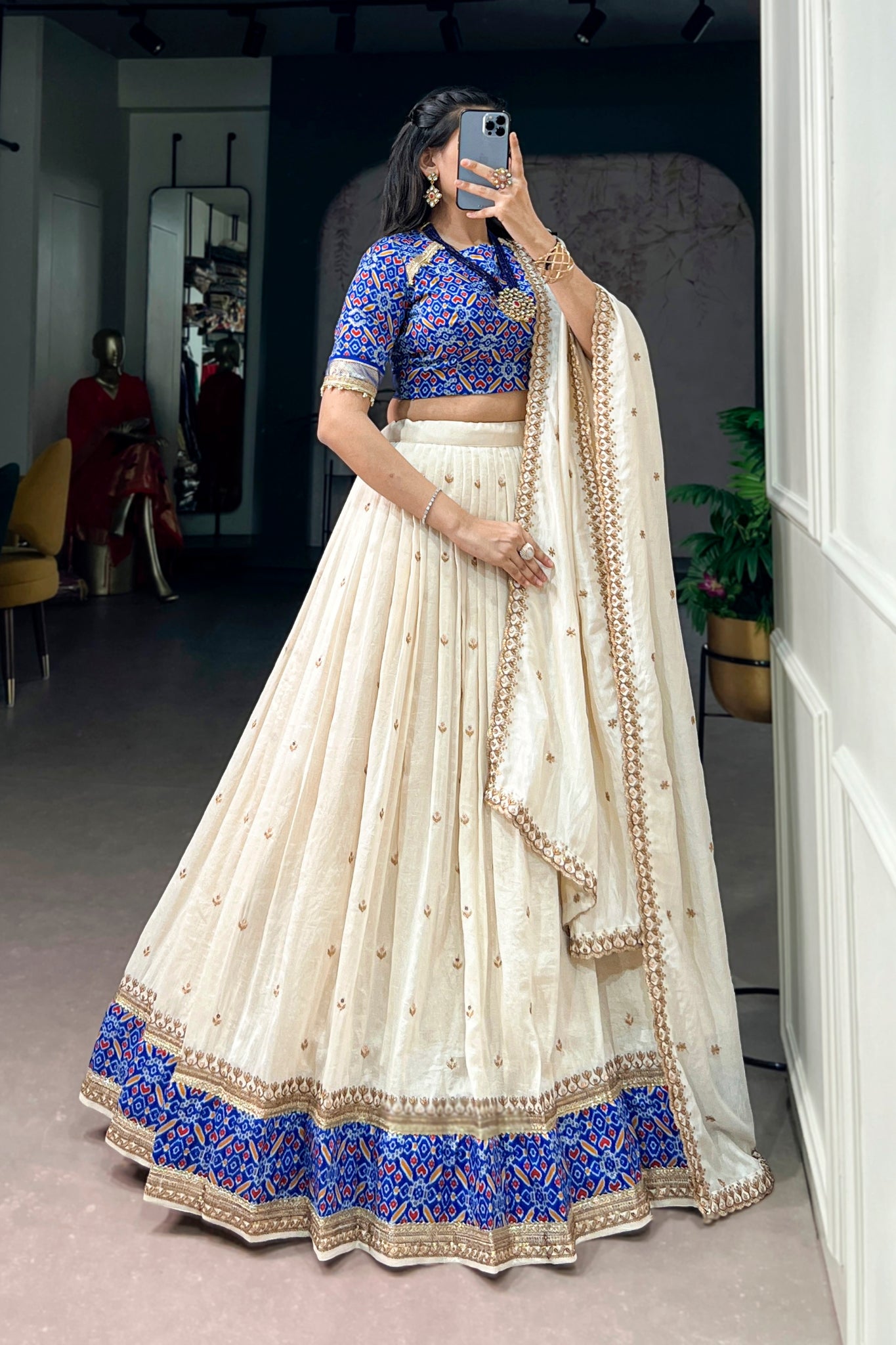 Designer Ivory And Royal Blue Embroidered Lehenga Choli For Women