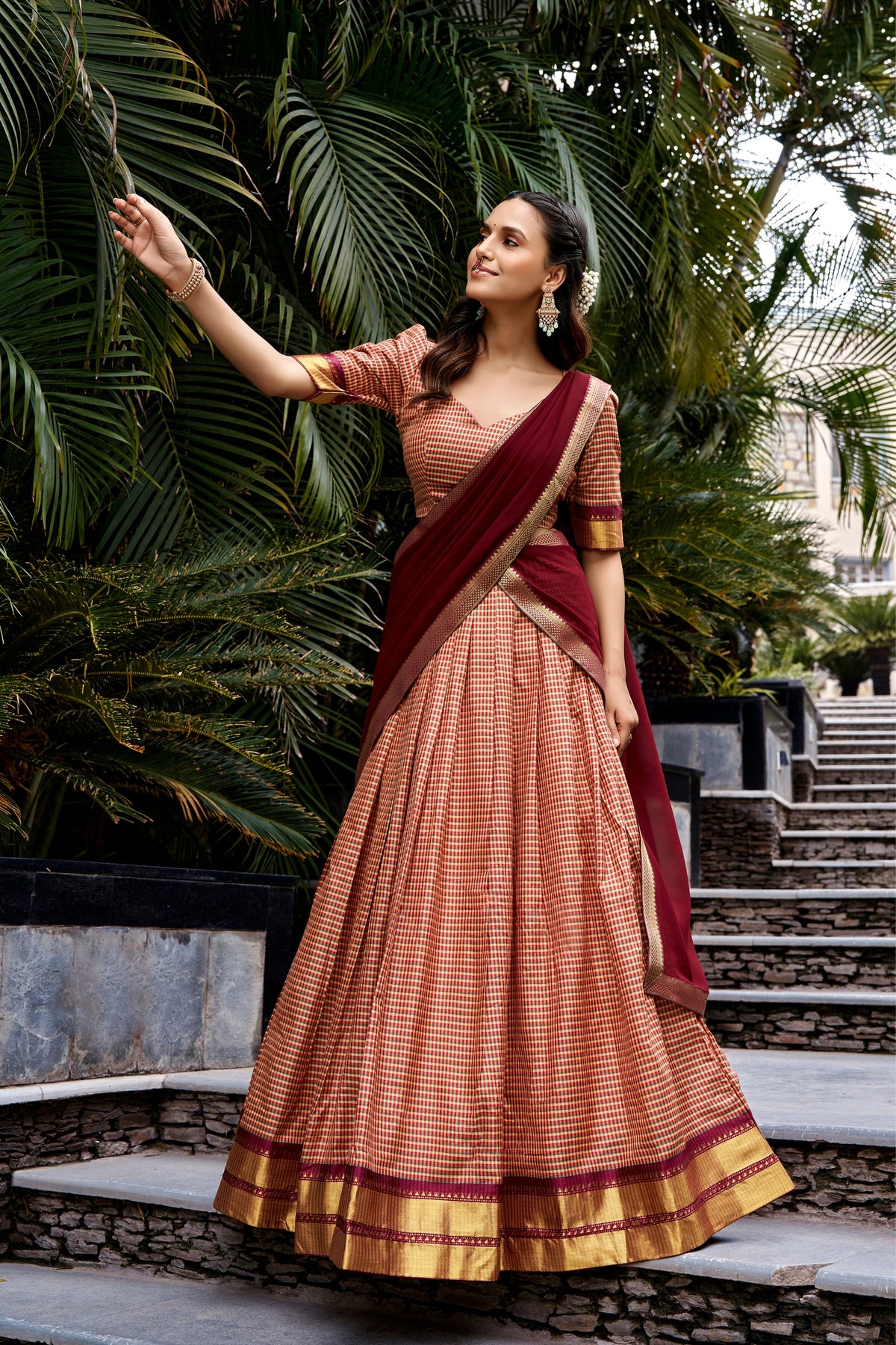 Maroon Kanchi Cotton Chex Designer Festive Wear Lehenga Choli