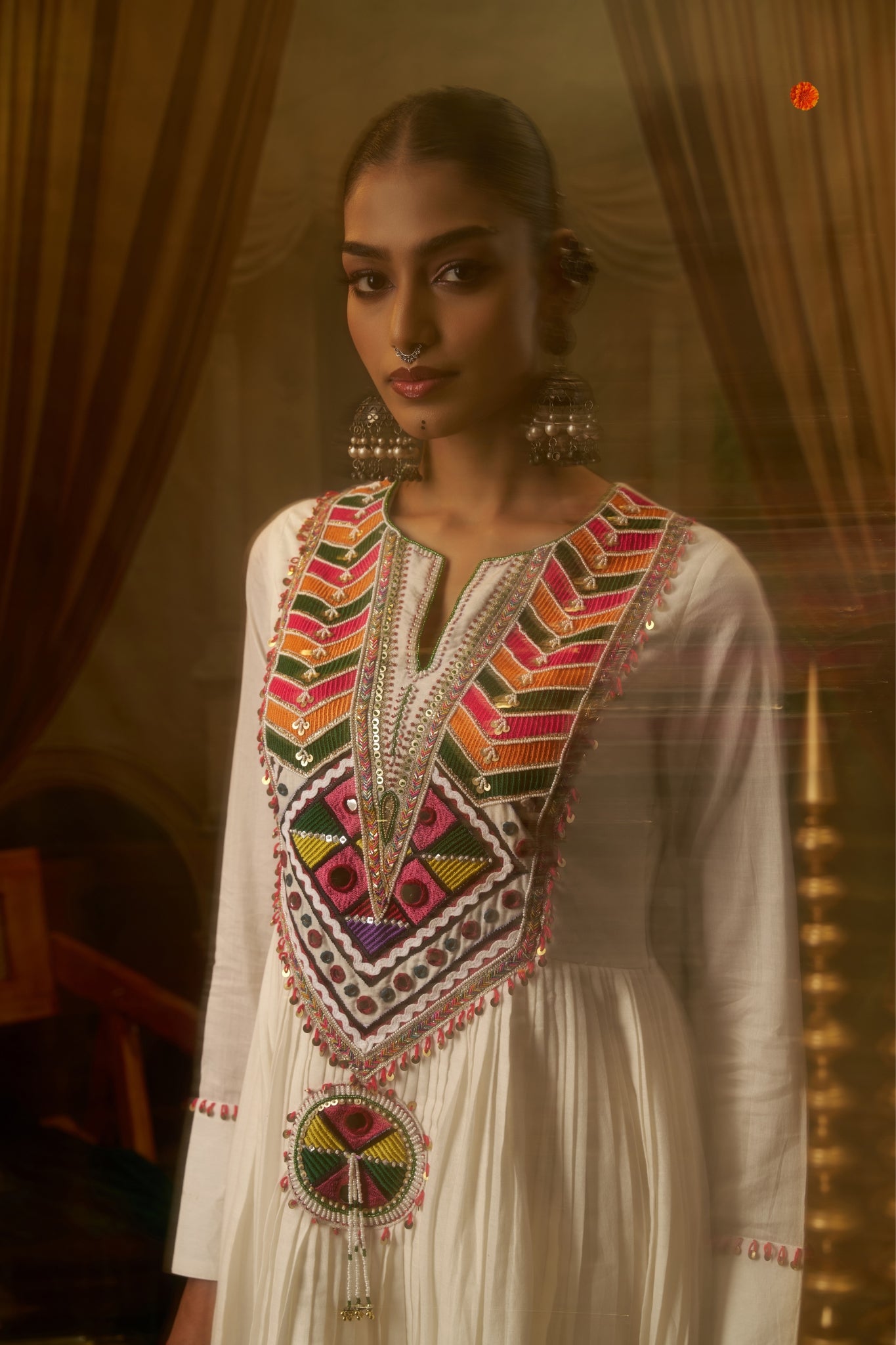 White Mul Cotton Hand embroidered Mirror Work Anarkali Set For Women
