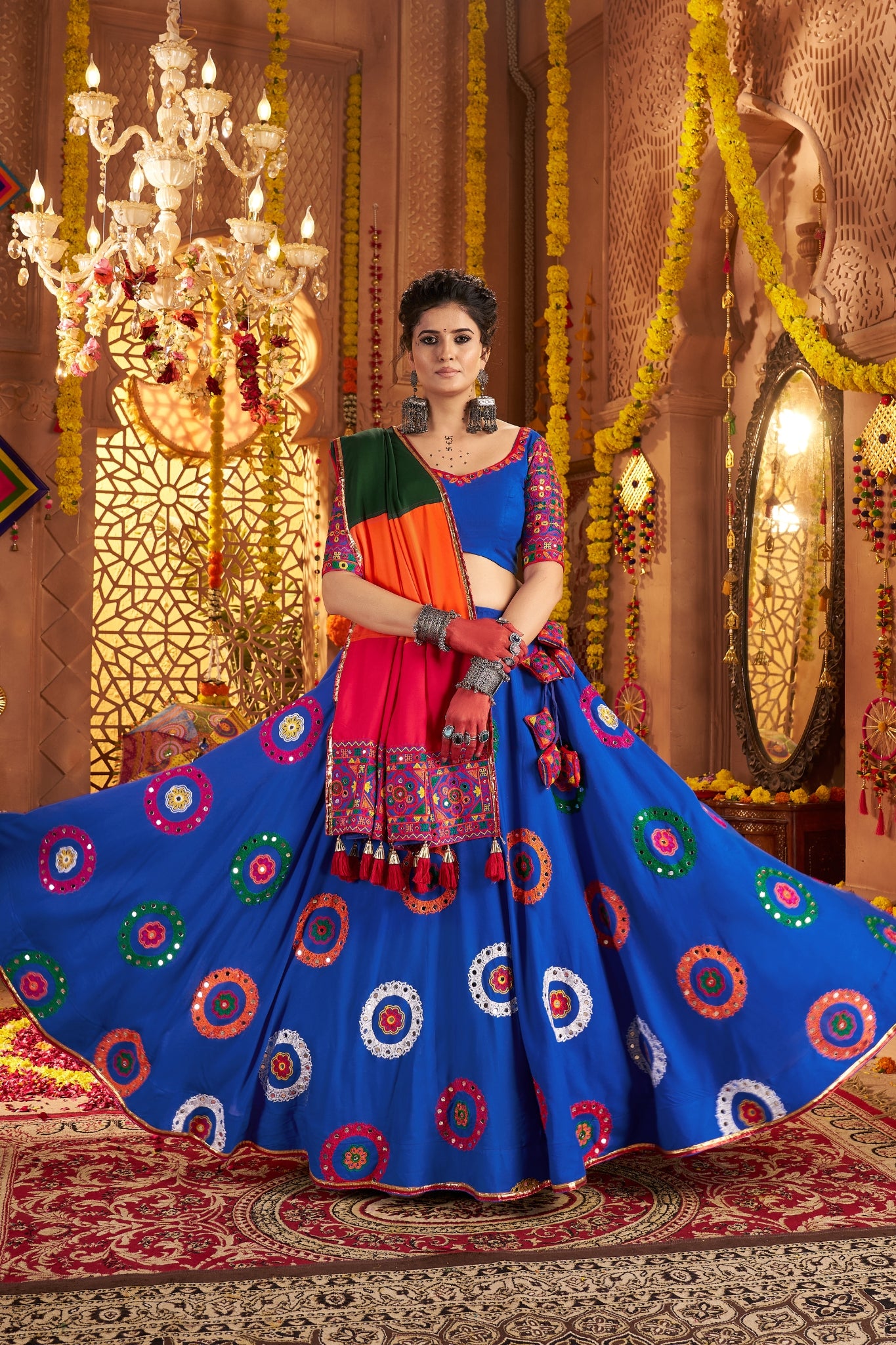 Viscose Cotton Elegant Thread Embroidered With Mirror Work Traditional Navratri Lehenga Choli