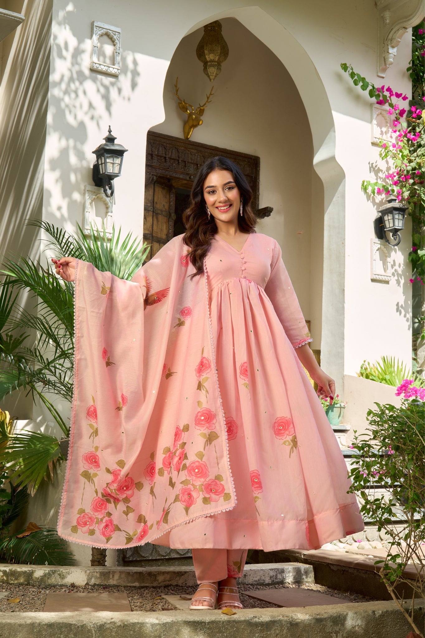 Pure Chanderi Floral Anarkali Suit Set With Palazzo Dupatta For Women