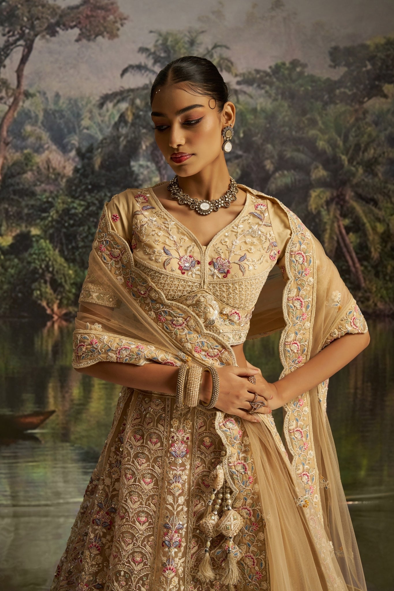 Regal Pastel Gold Heavy Embroidered Bridal Lehenga Set