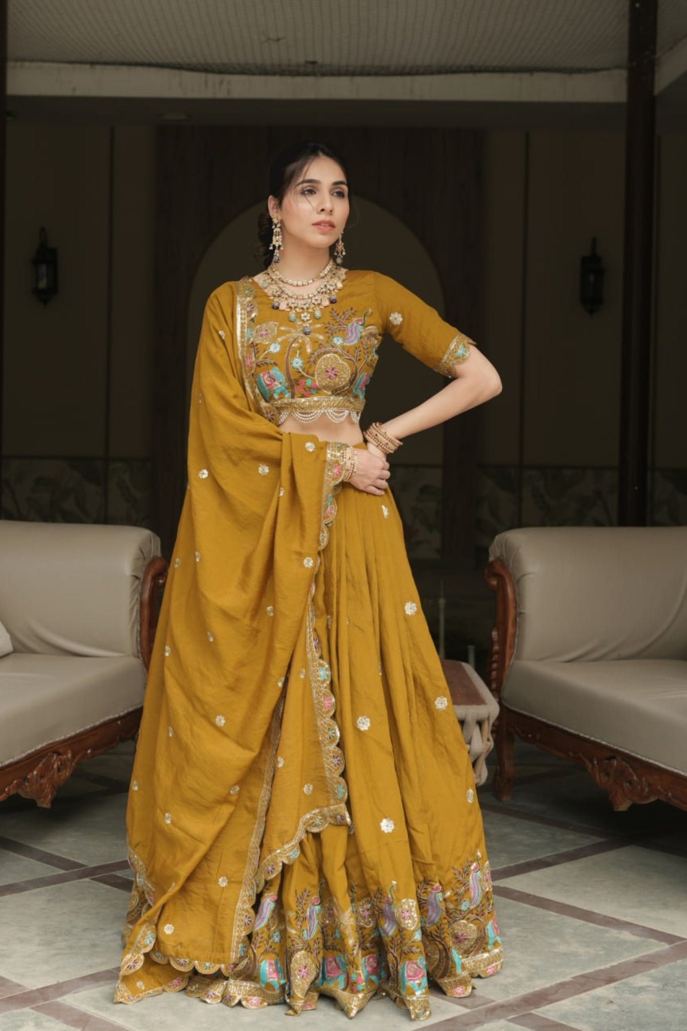 Royal Mustard Haldi Designer Lehenga Choli With Multicolor Embroidery And Designer Dupatta