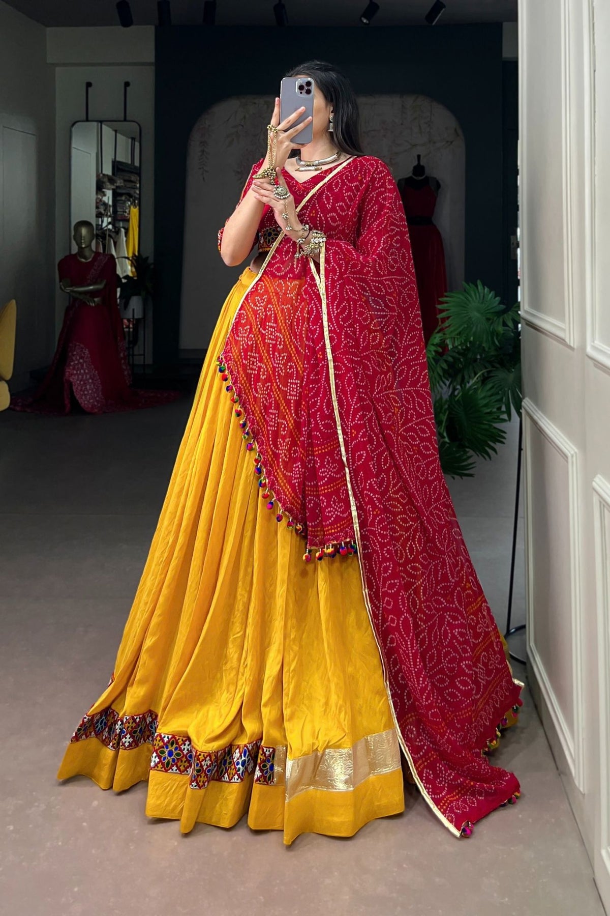 Chanderi Designer Bandhej Print With Gamthi Work Navratri Lehenga Choli