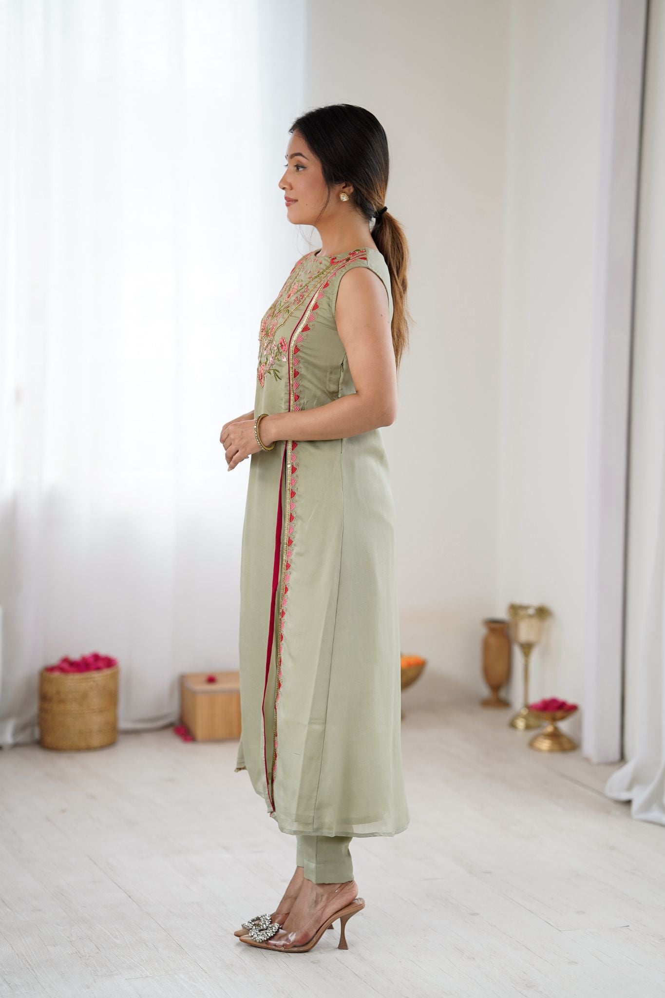 Sage Green Floral Embroidered Designer Kurta Pant Set For Women