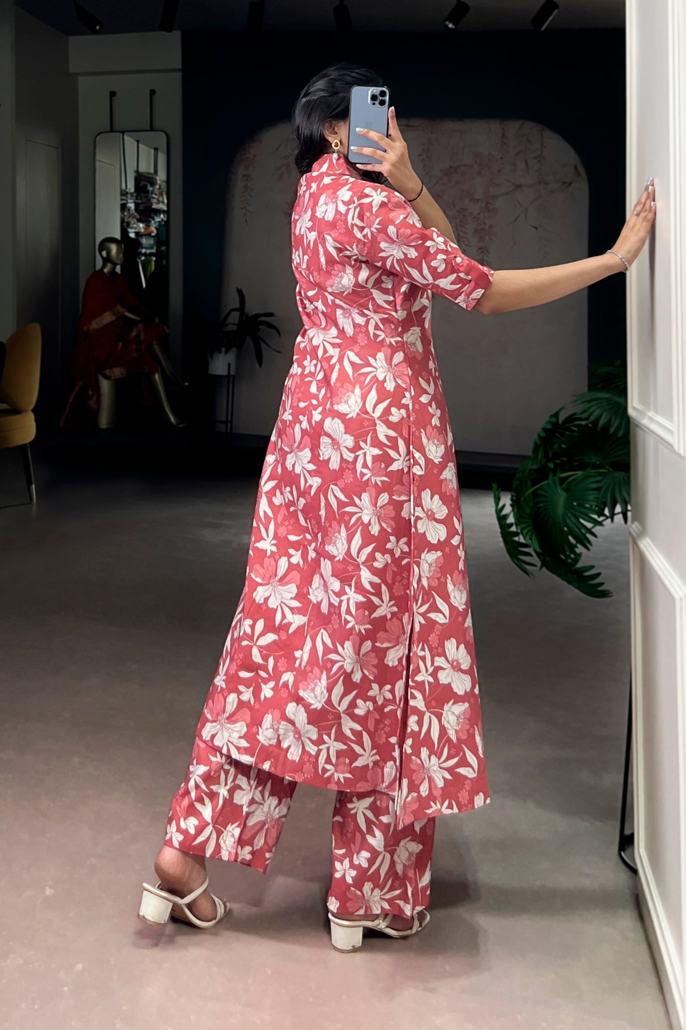 Floral Foil Print Chanderi Kurta Pant Set For Women