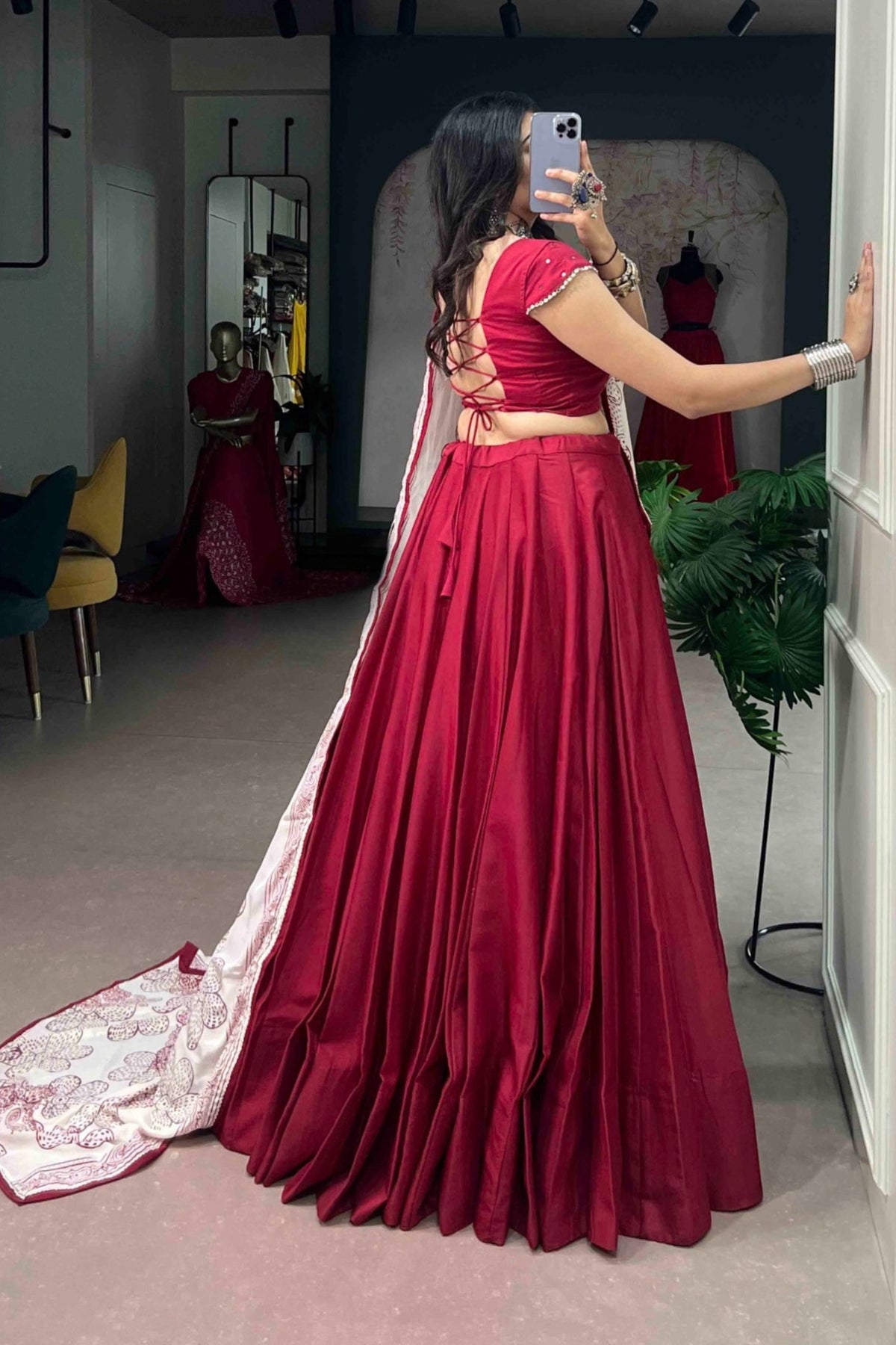 Designer Satin Silk Lehenga Choli With Floral Printed mirror Work Detailing Dupatta