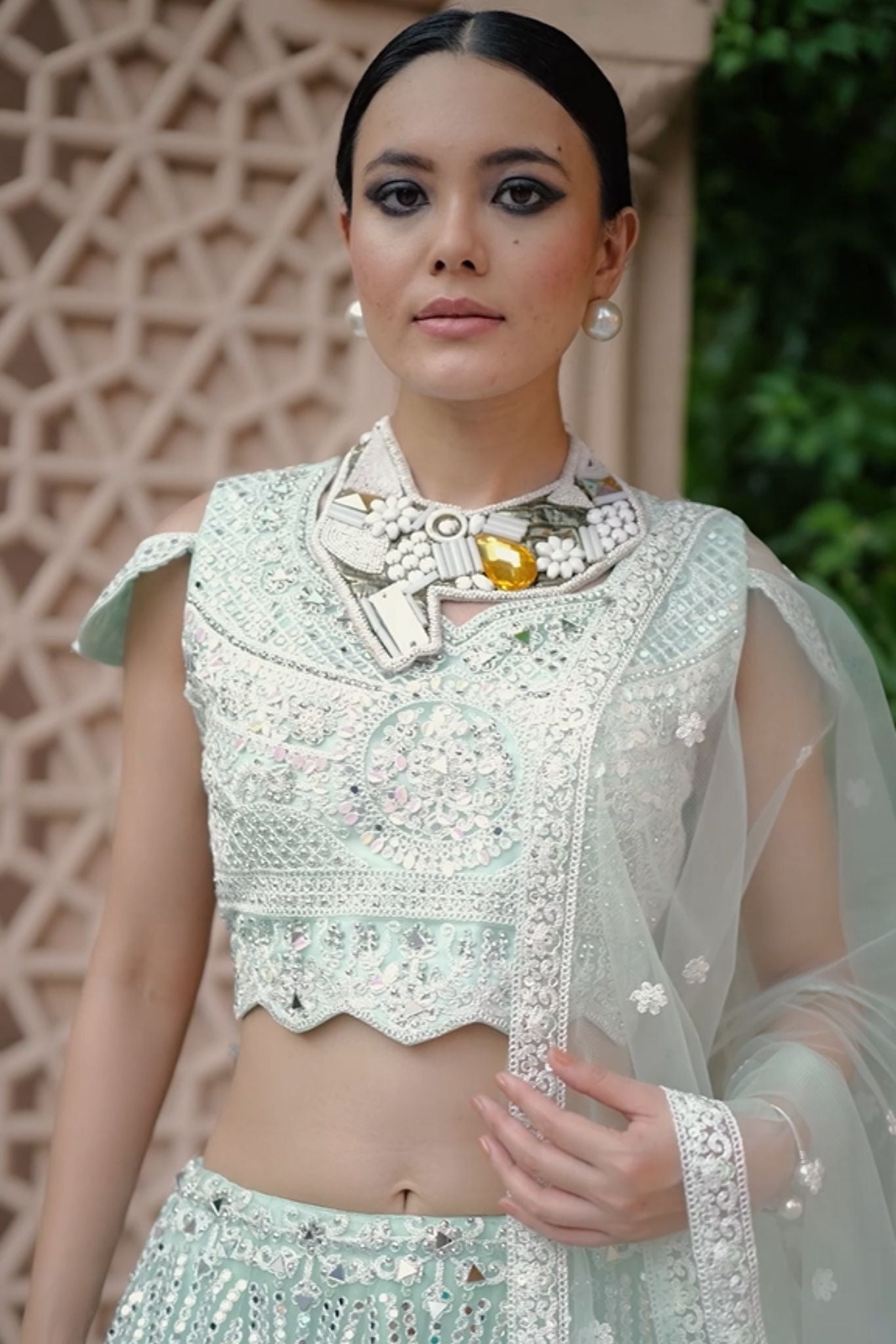 Designer Beautiful Embroidered And Real Mirror With Stone Work Wedding Lehenga Set