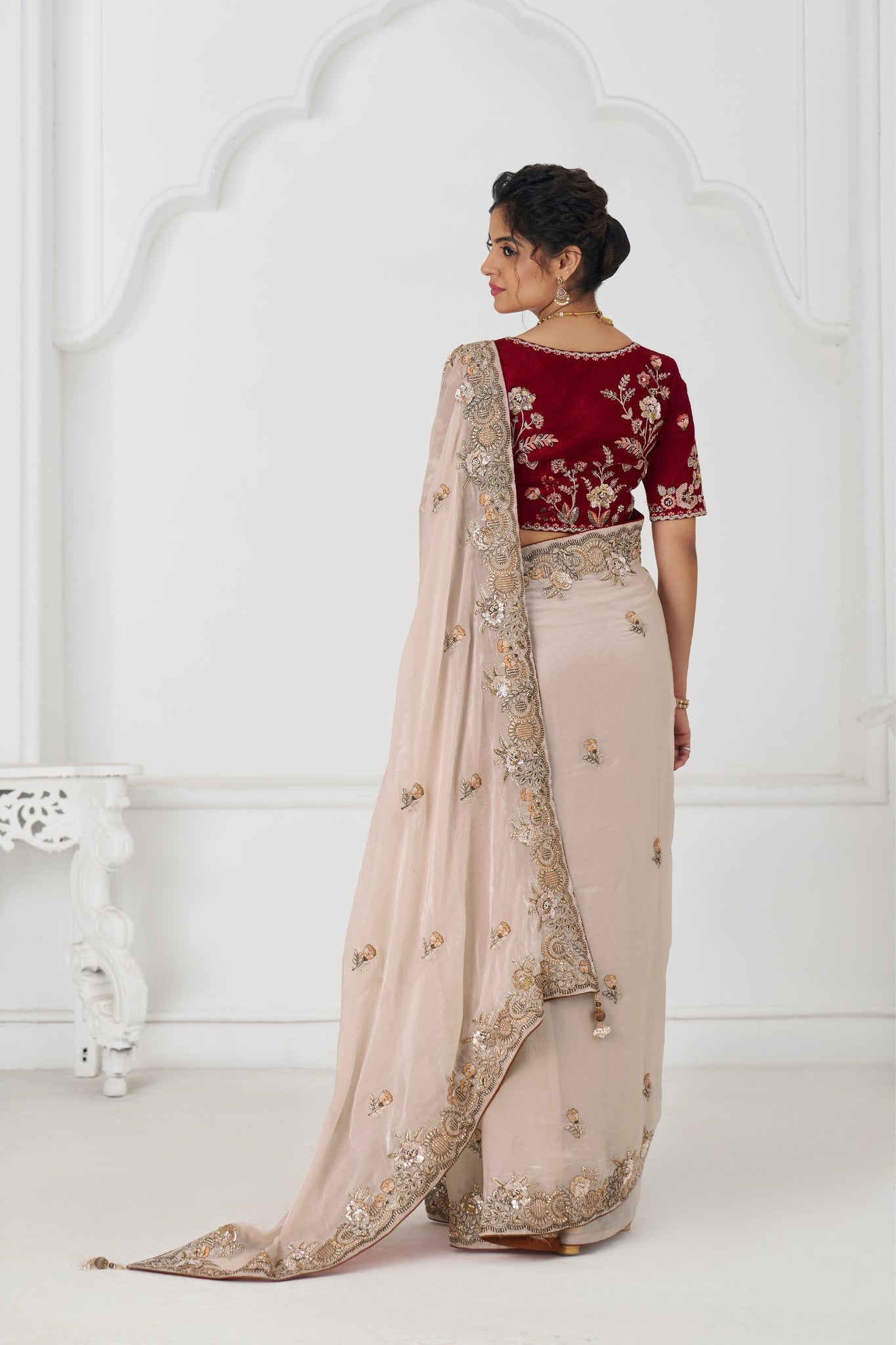 Premium Pure Fendi Silk Designer Chiku Wedding Saree