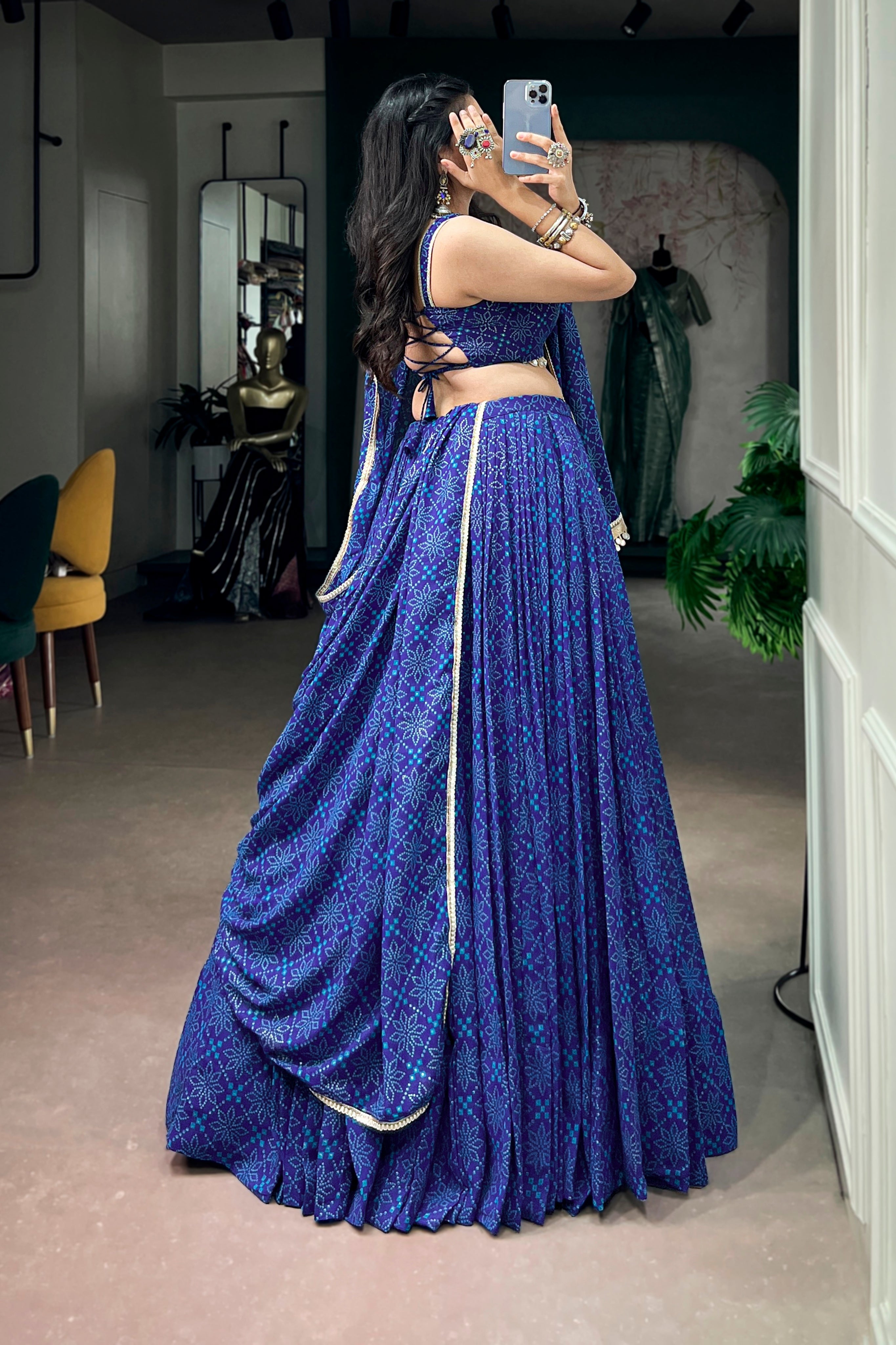 Royal Blue Navratri Special Georgette Bandhej Foil Print Lehenga Choli With Mirror Lace Border