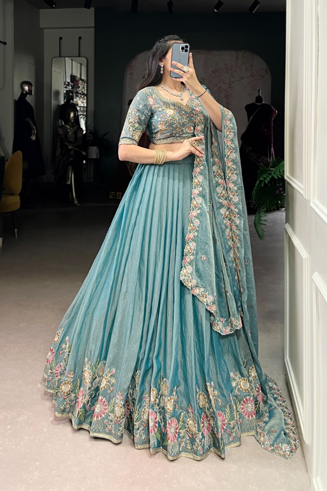 Sky Blue Zari Shimmer Sequins Tread Embroidered Work Wedding Lehenga Choli