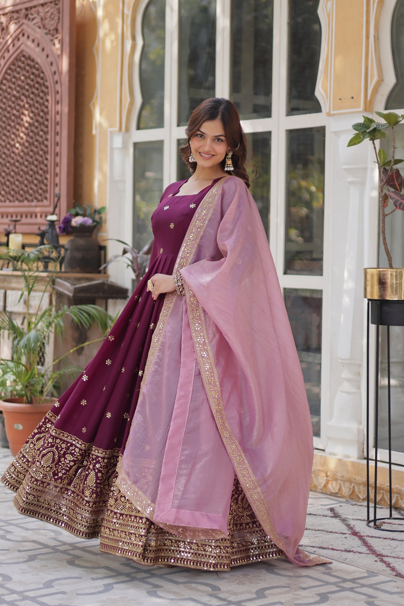 Plum Embroidered Georgette Anarkali Set
