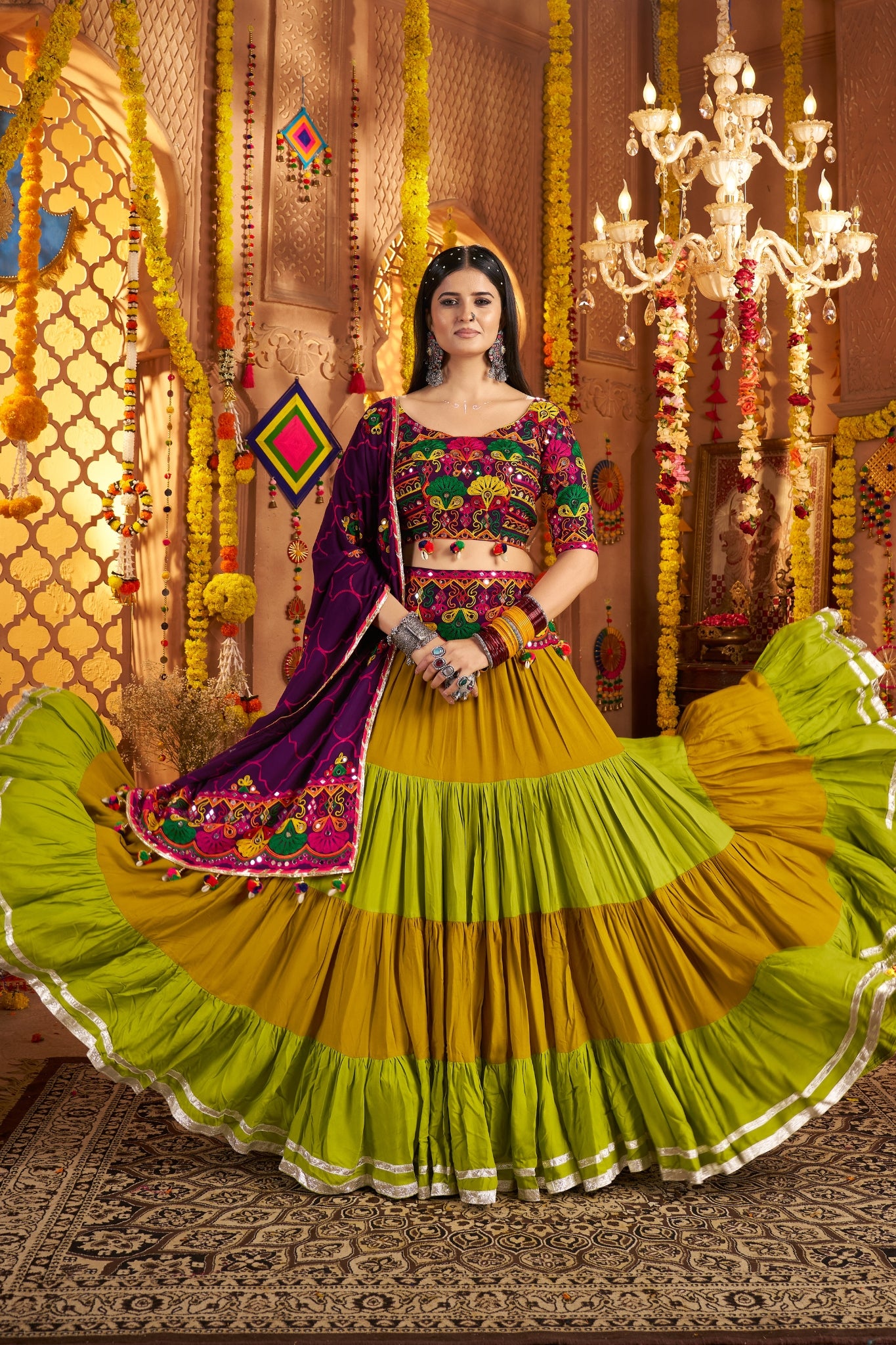 Designer Festive Spirit Viscose Cotton Multi Tread With Mirror Work Traditional Navratri Lehenga Choli