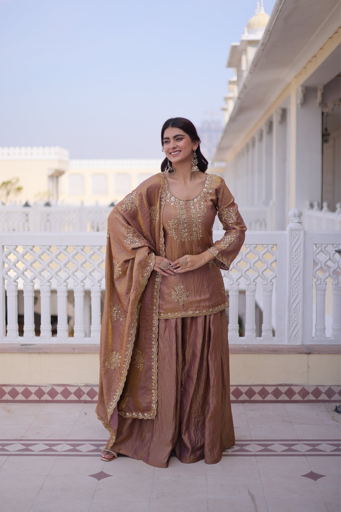 Fendi Crush Zari Sequins Embroidered Kurti Sharara Set With Designer Dupatta