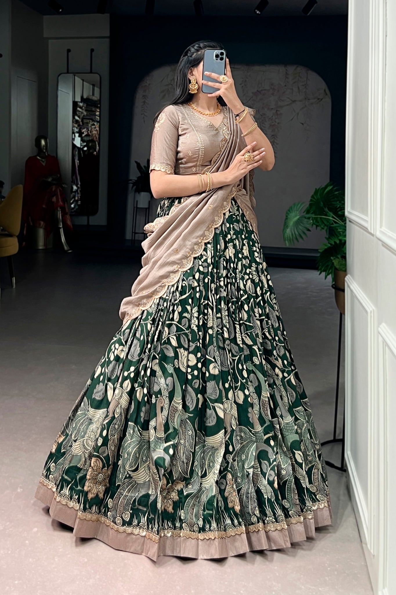 Premium Kalamkari Tasar Silk Lehenga Choli With Embroidered Dupatta