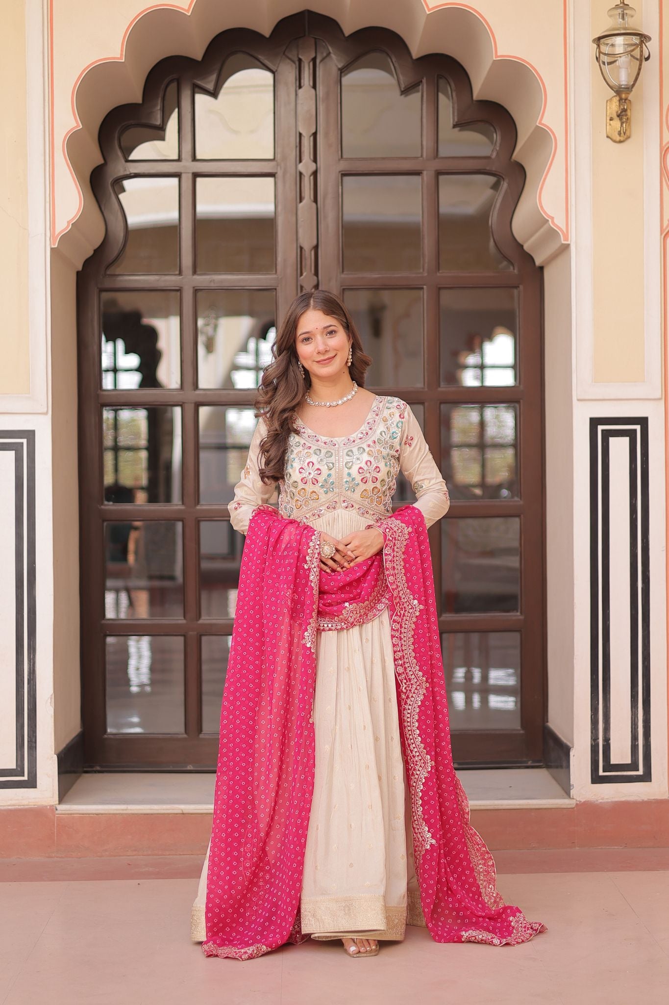 Cosmos Weaving Jacquard Crafted Pearl beads Embroidered Work Gown With Dupatta