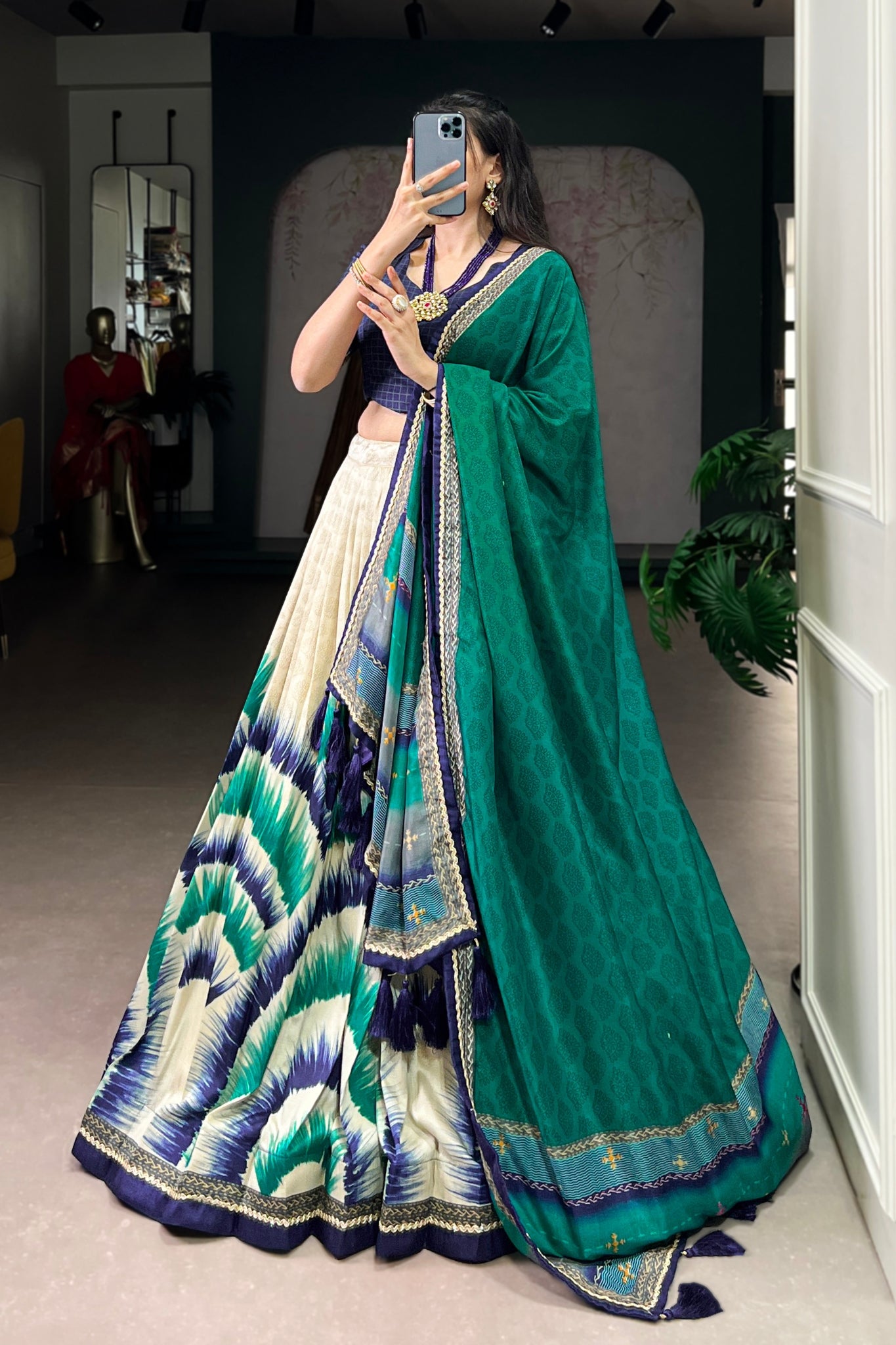 Tasar Silk Tie Dye Lehenga Set With Printed Dupatta And Chex Blouse