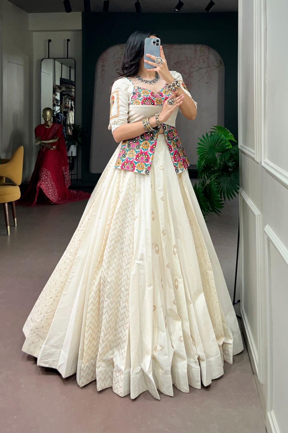 Off-White Cotton Designer Gamthi Work Navratri Lehenga Choli
