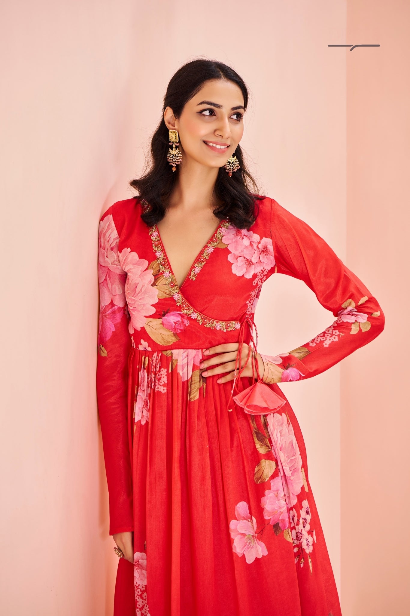 Red Floral Chinon Kurta Set