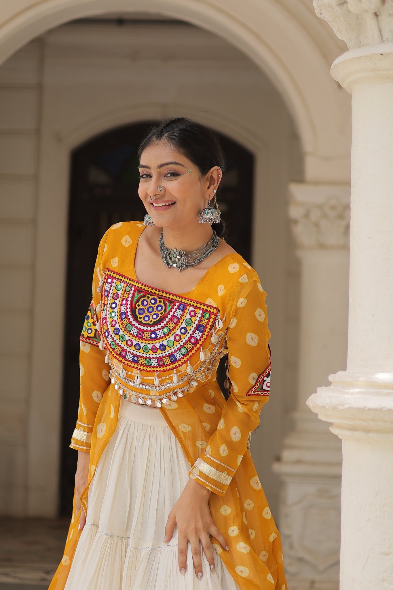 Kora Cotton Stylish Frill Stitching Beautiful Navratri Lehenga With Bandhani Printed Kurti