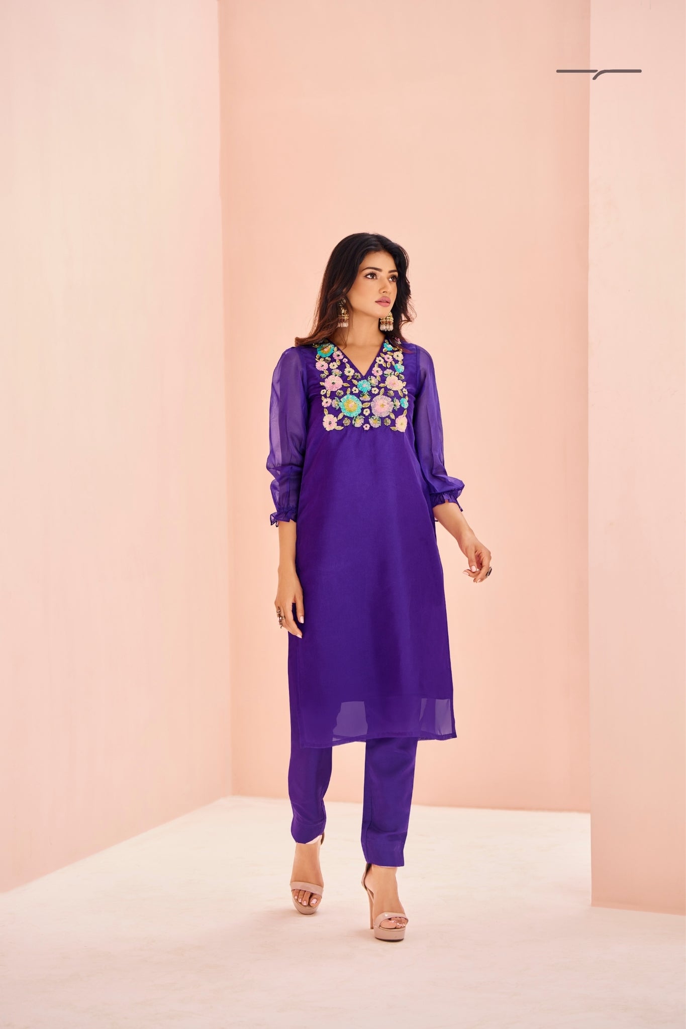 Purple Organza Handwork With Embroidered Kurta Set