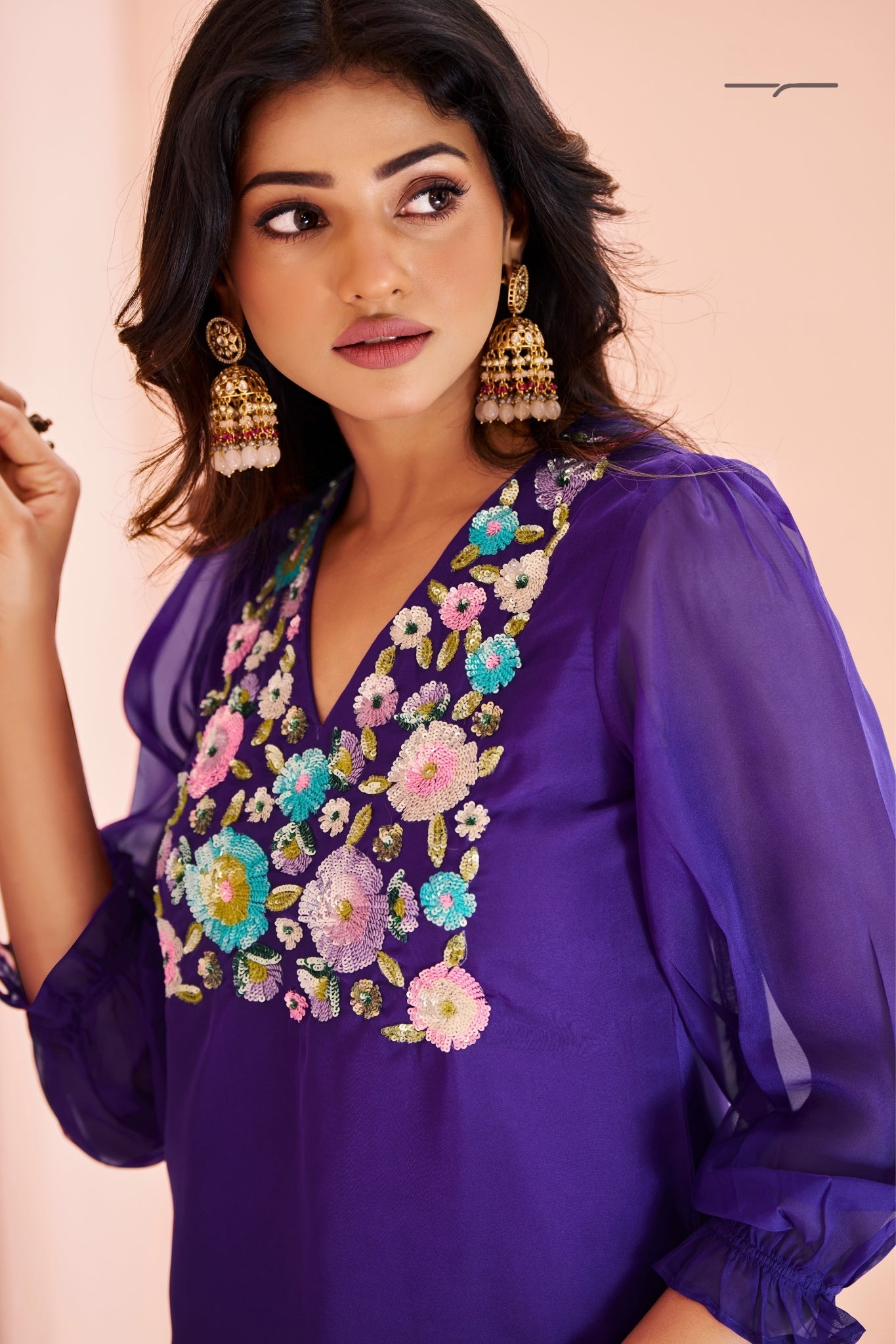 Purple Organza Handwork With Embroidered Kurta Set