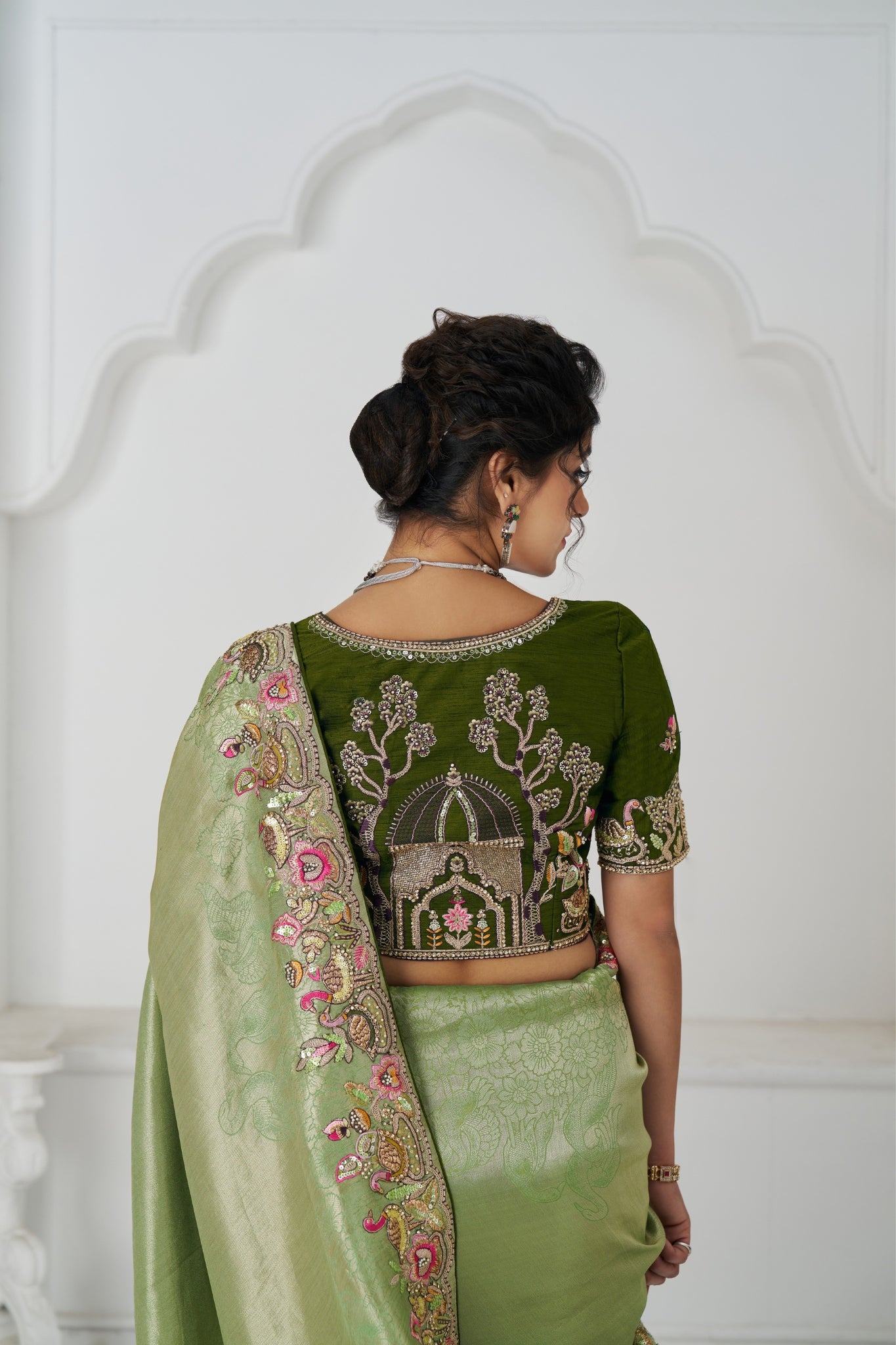 Mehndi Luxury Wedding Saree With Multi-Thread Bead Embroidery & Sequin Work