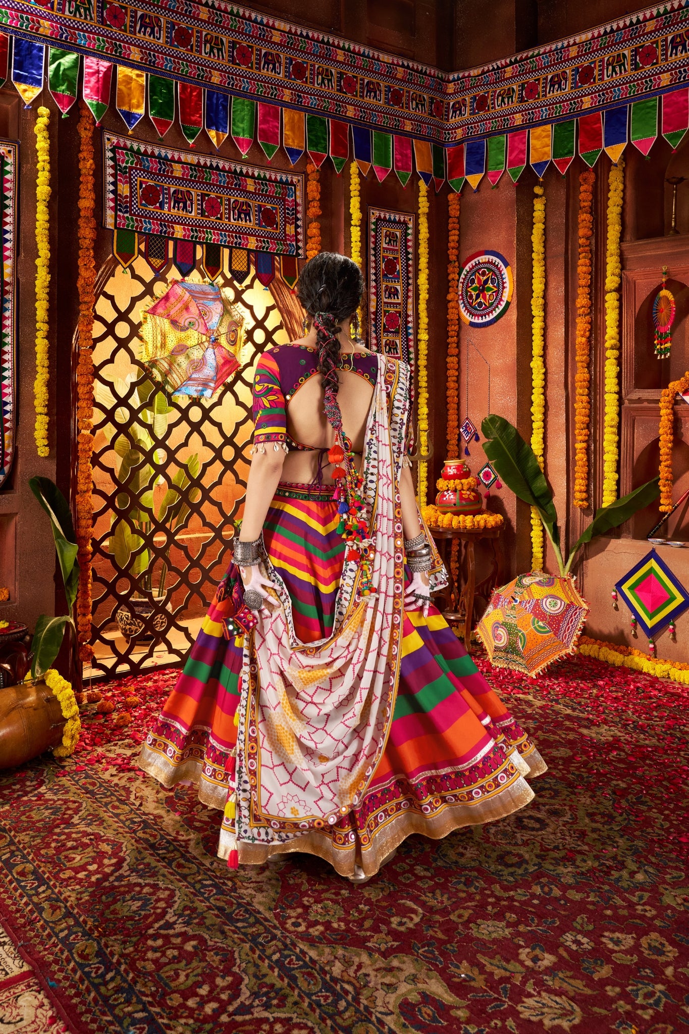 Multi Color Muslin Designer Stunning Print With Mirror Work Navratri Lehenga Choli