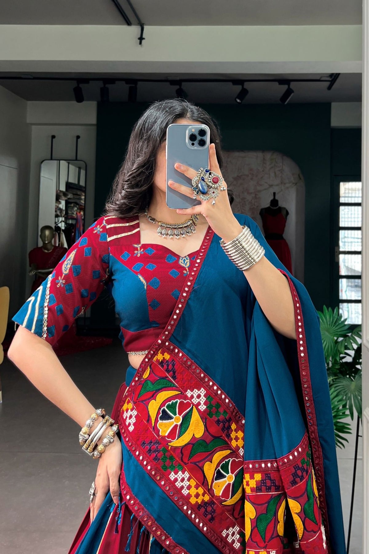Teal Blue & Maroon Pure Rayon Gamthi Mirror Work Navratri Lehenga Choli