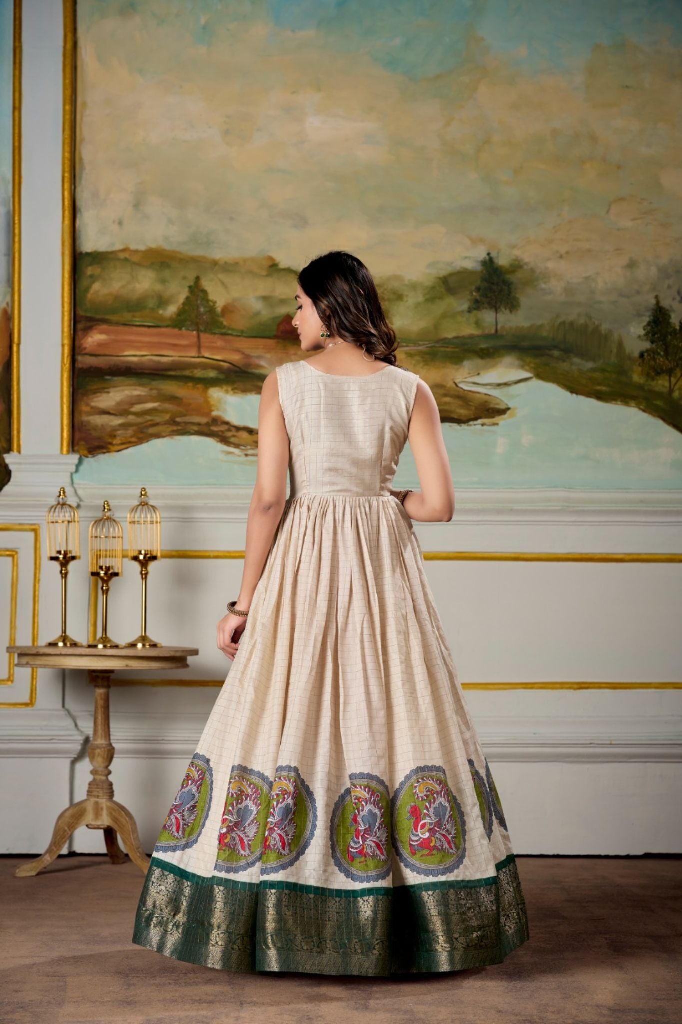 Kalamkari Printed Dola Silk Zari Weaving Work Gown