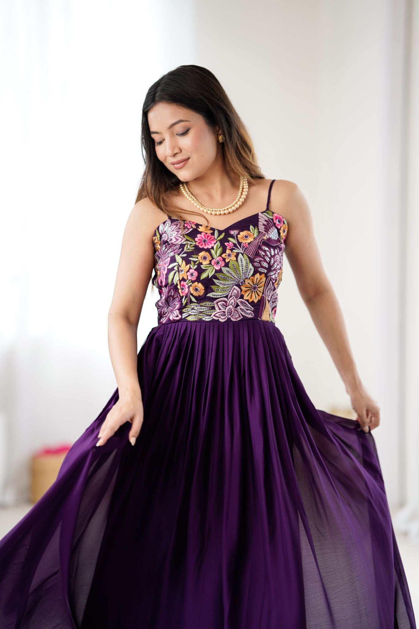 Purple Floral Embroidered Designer Pure Georgette Gown For Women
