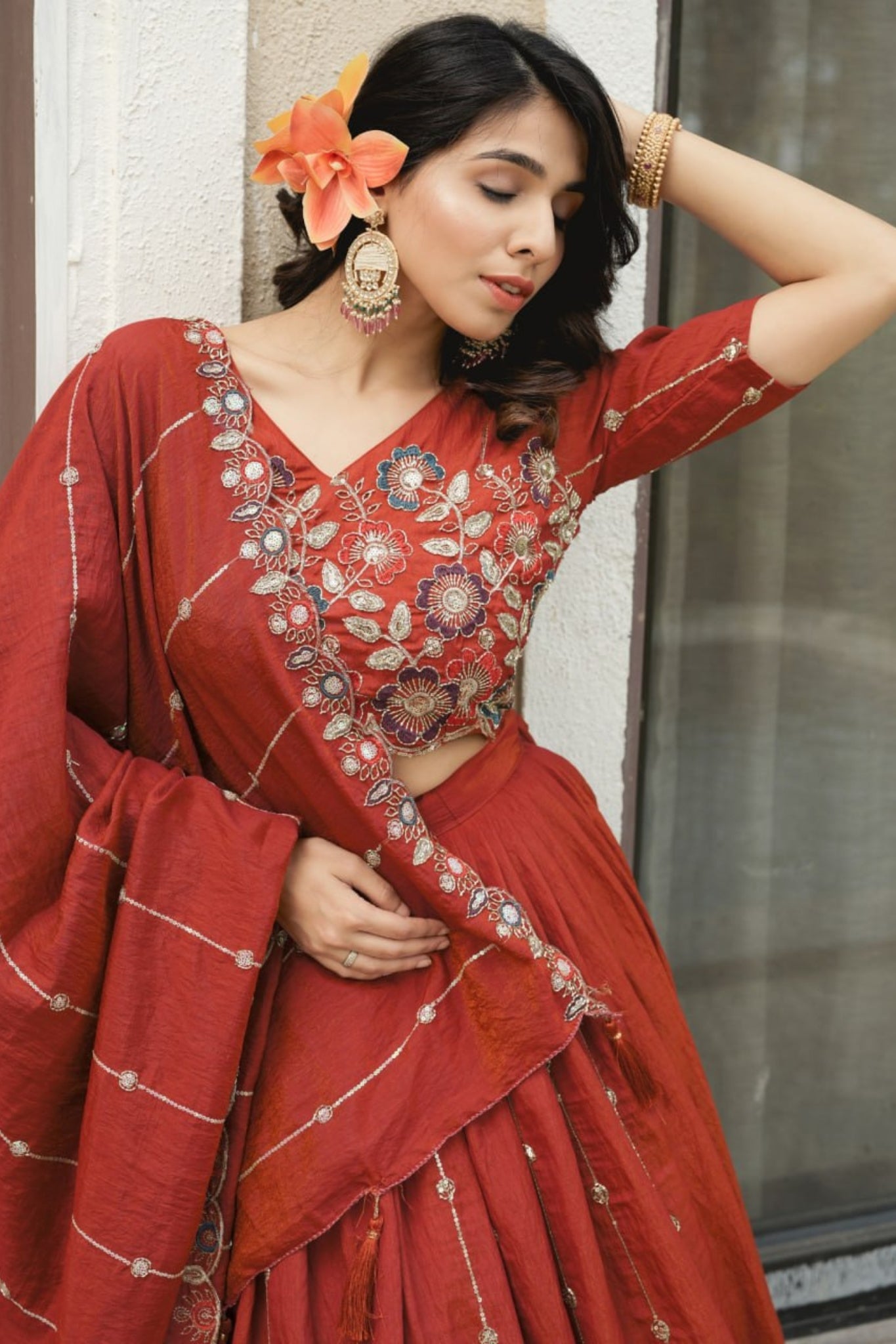 Luxury Rust Fenta Silk Lehenga Choli With Heavy Floral Embroidery And Designer Dupatta For Wedding Wear