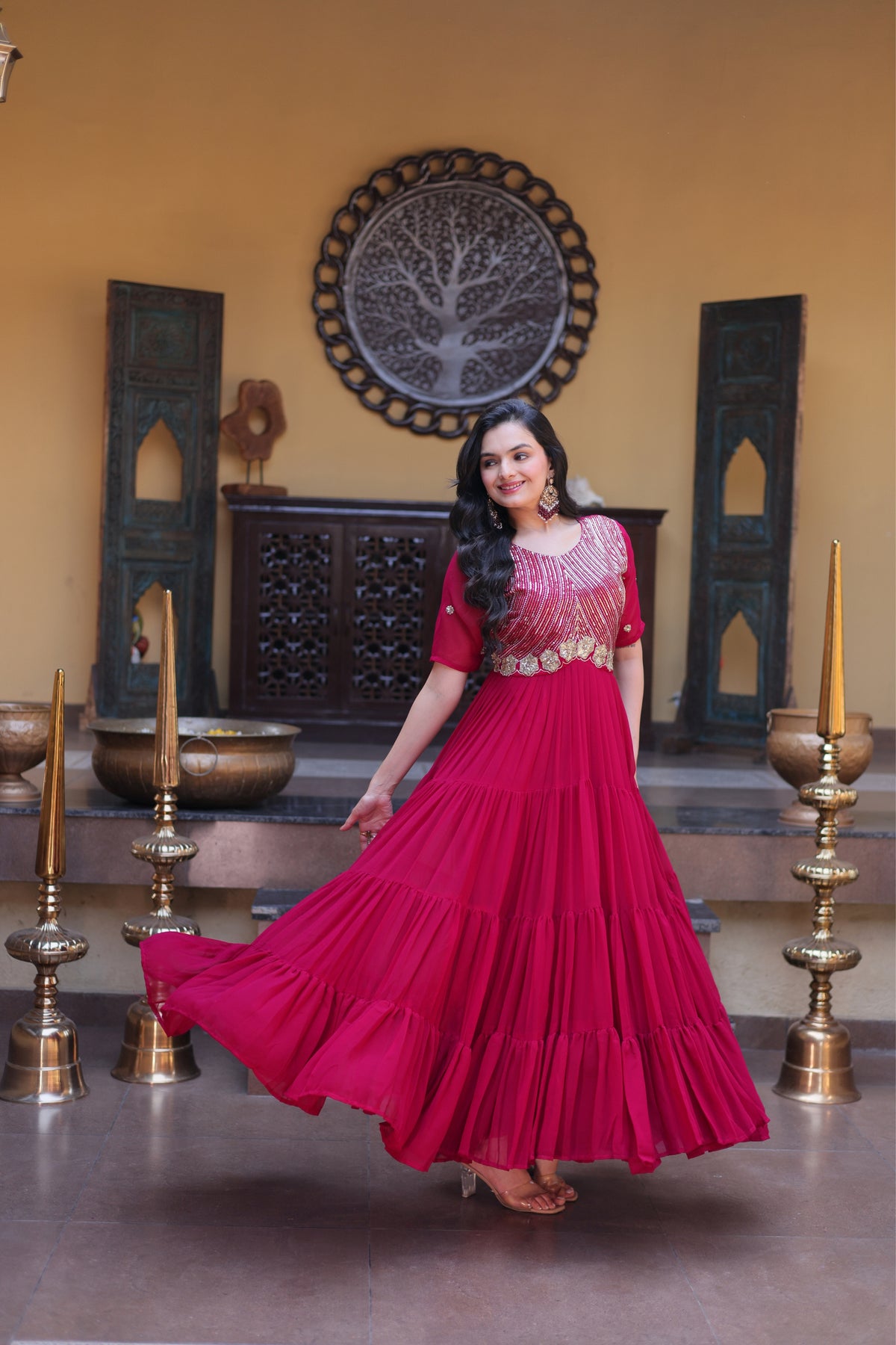 Rani Pink & Red Faux Blooming Designer Sequins Embroidered Tiered Flared Anarkali Gown