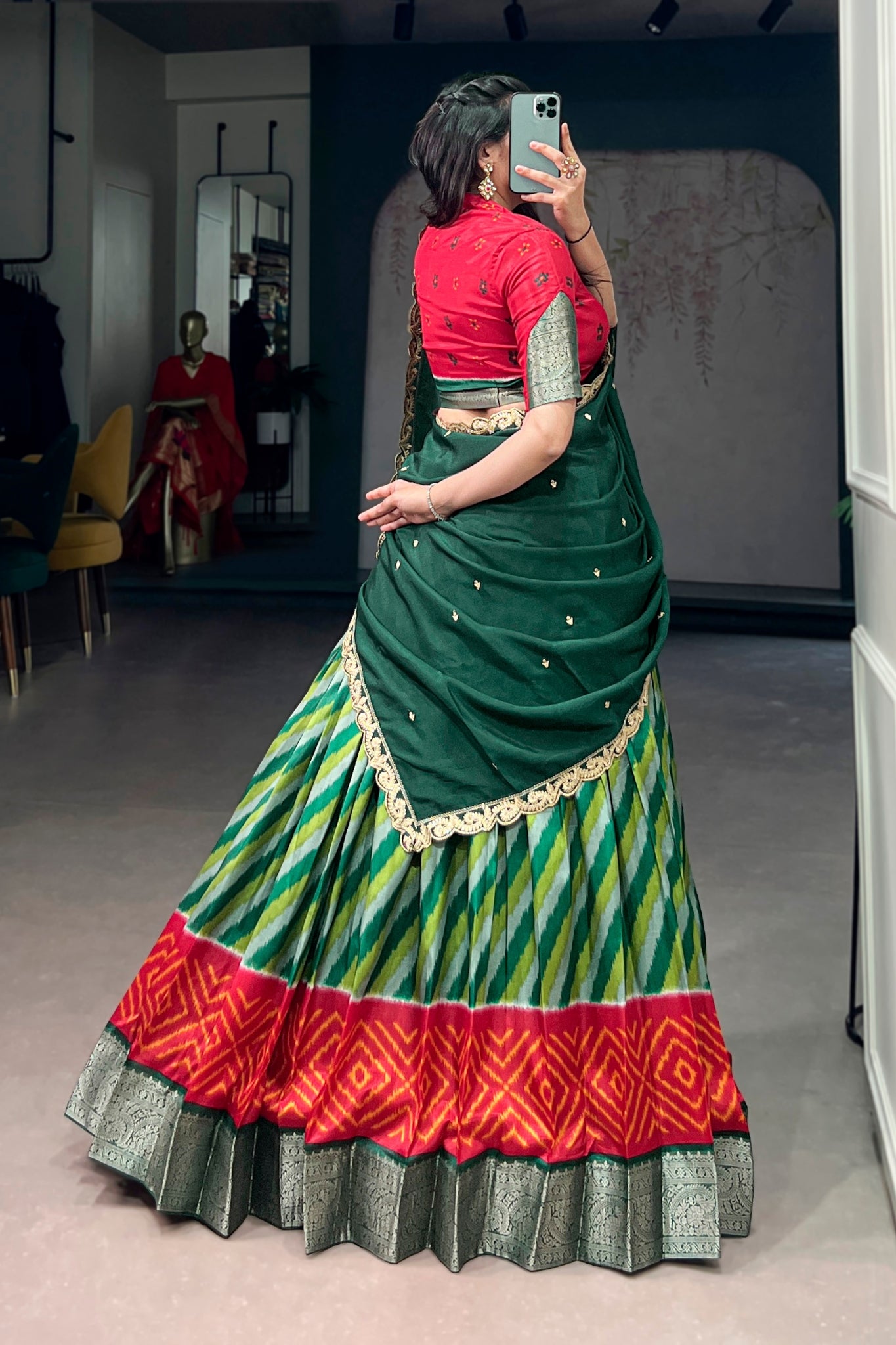 Designer Tasar Silk Leheriya Print Lehenga Choli