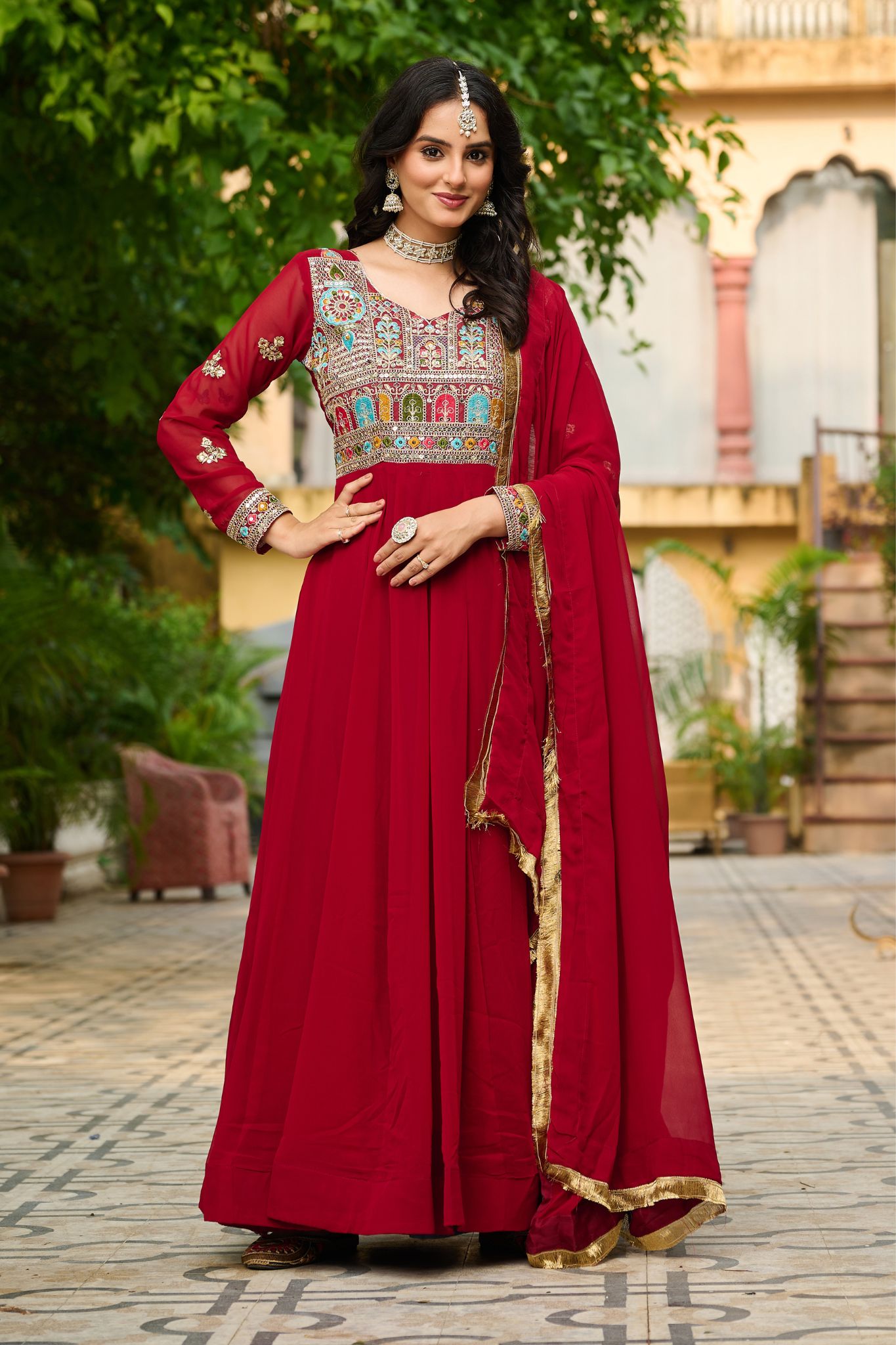 Ethnic Stylish Crafted Multi Thread Embroidered Work Gown With Dupatta Set