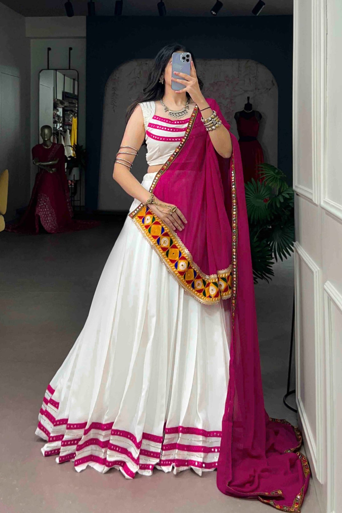 Rayon Navratri Designer White & Rani Pink Gamthi Lace Mirror Work Lehenga Choli With Dupatta
