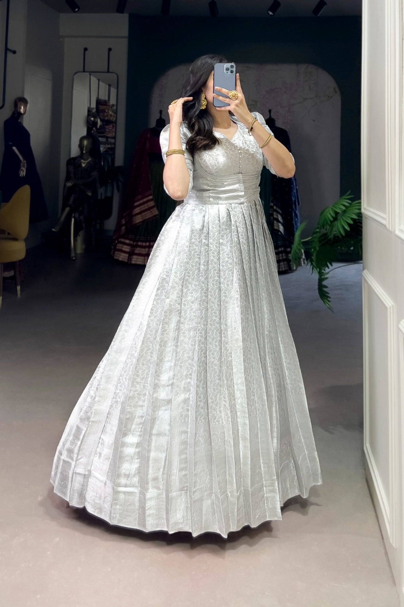 Elegant Kanjivaram Gown With Zari Work & Matching Koti