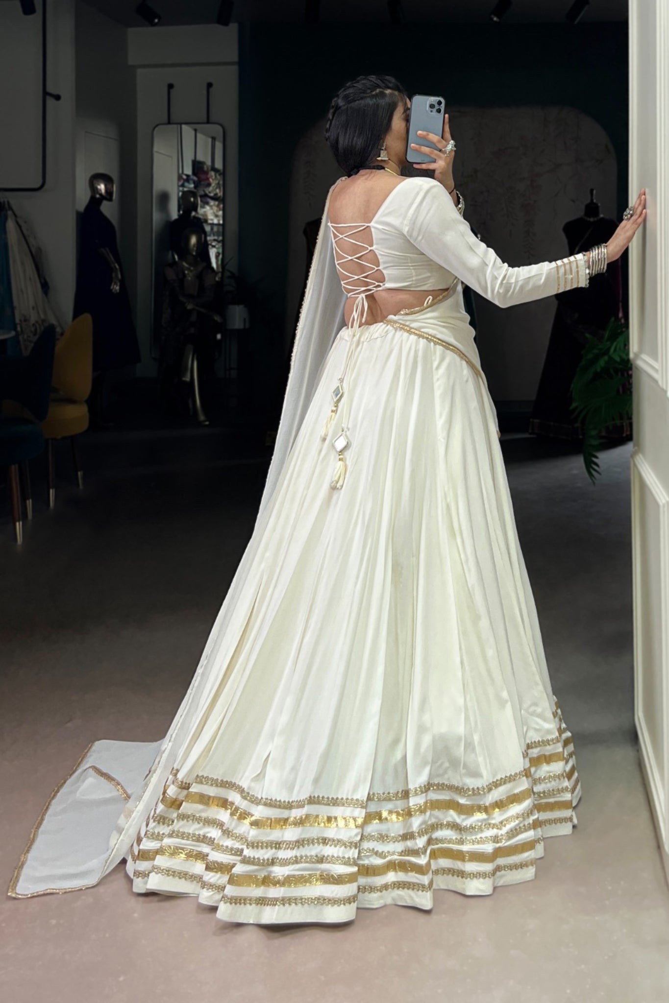 White Navratri Style Pure Rayon Embossed Design With Original Mirror Work Traditional Lehenga Choli Set