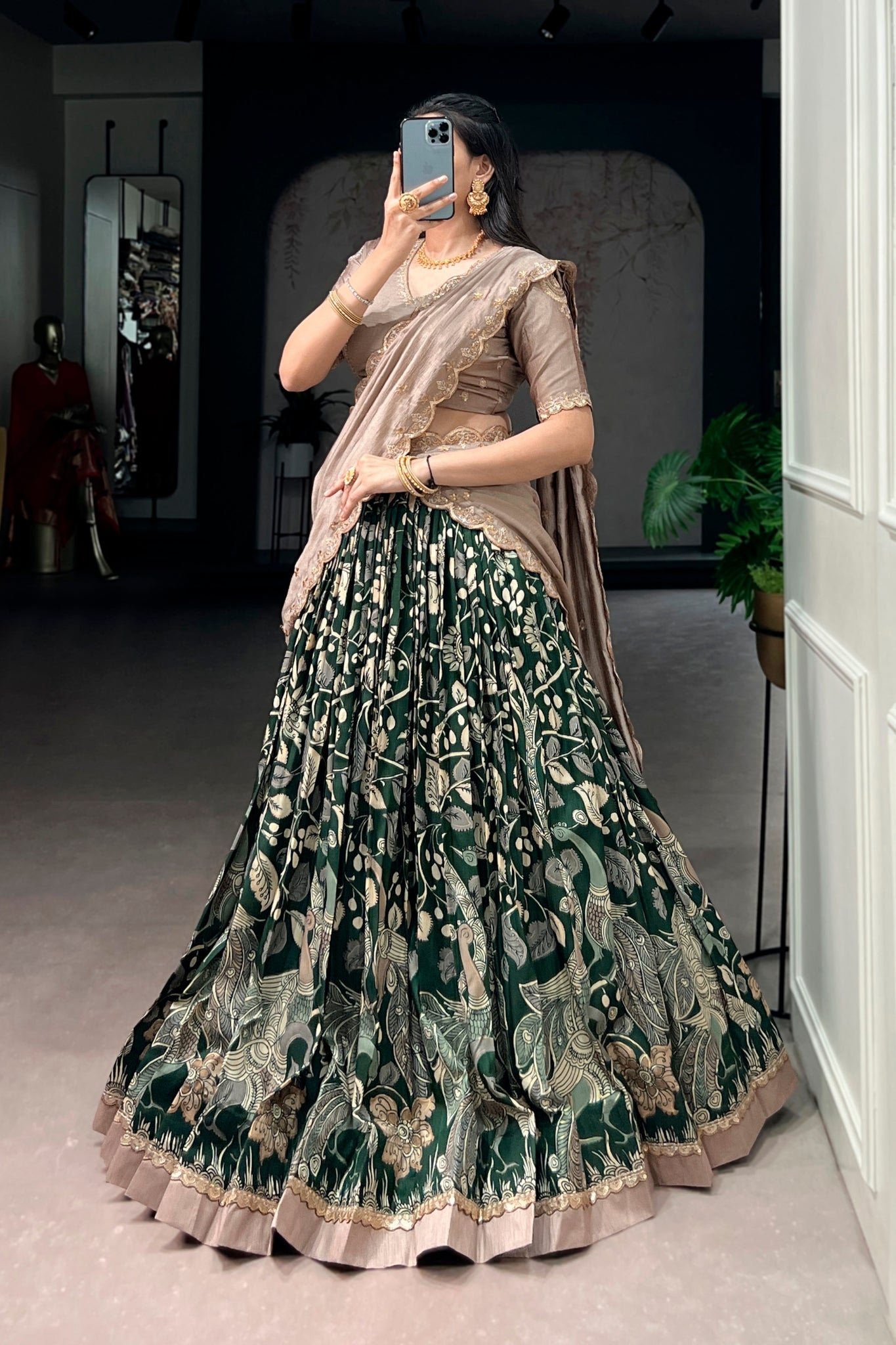 Premium Kalamkari Tasar Silk Lehenga Choli With Embroidered Dupatta