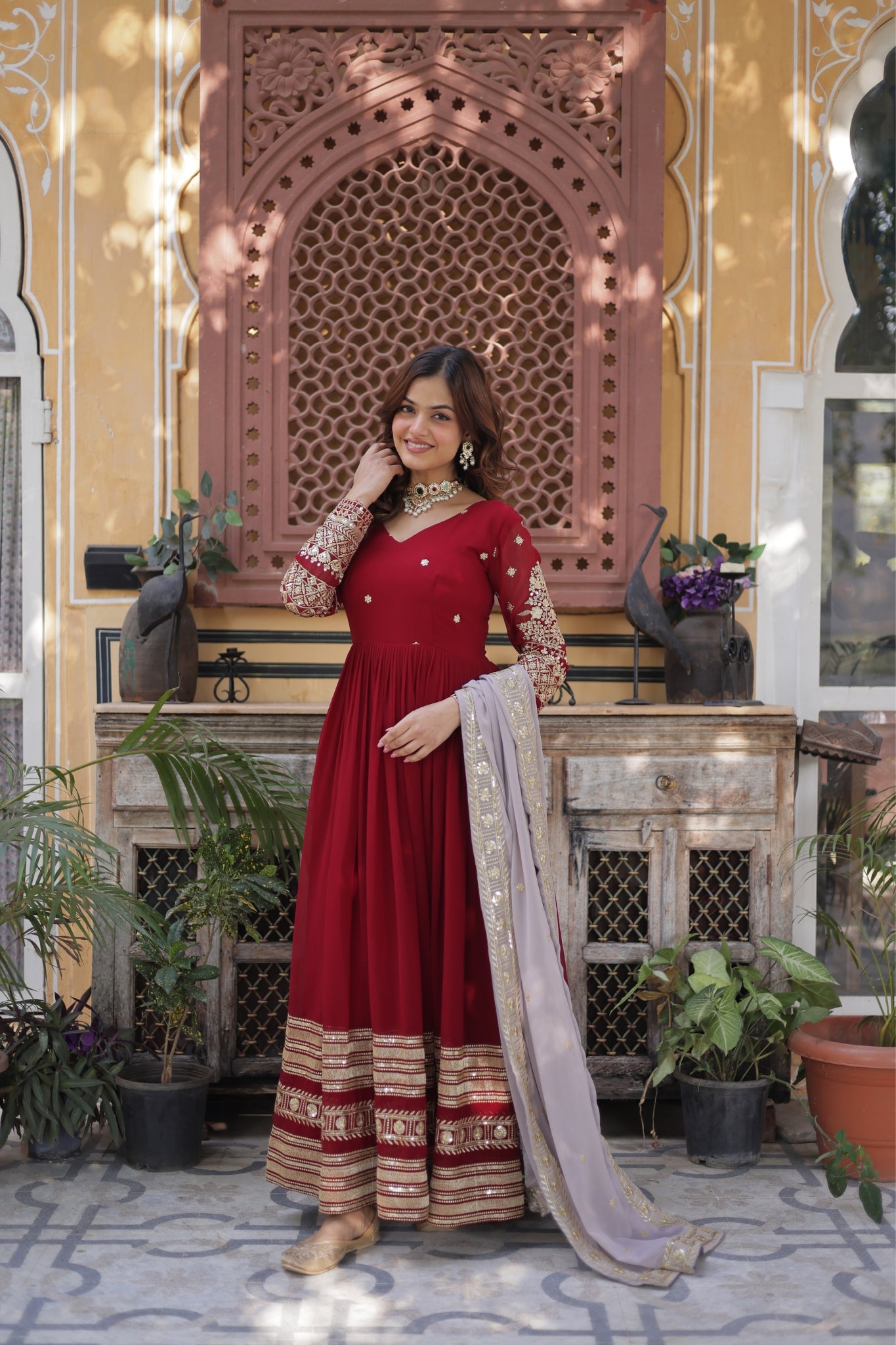 Traditional Maroon Embroidery Sequins Work Anarkali Suit Set