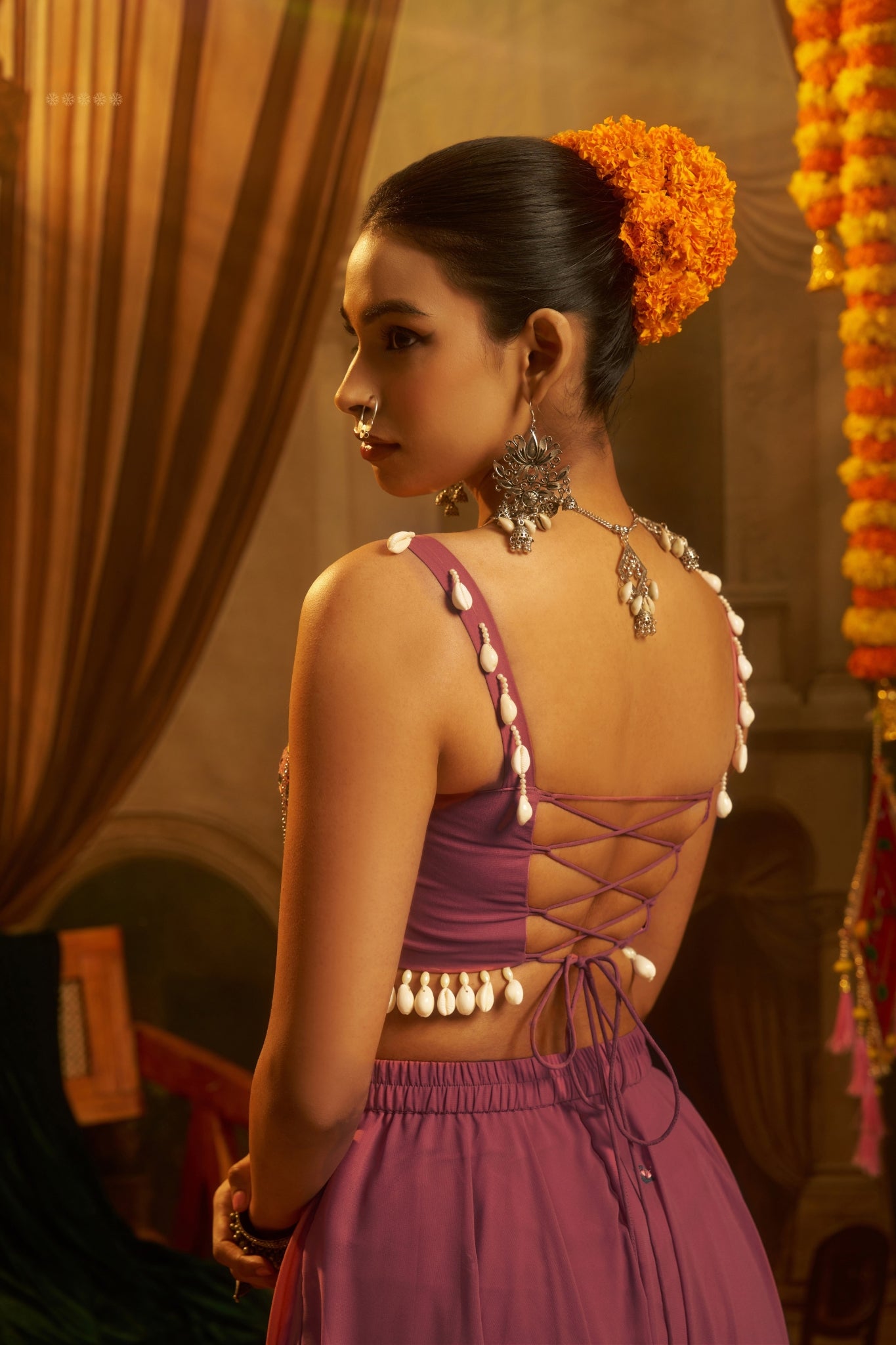 Pink Georgette Designer Festive Set With Mirror And Shell Handwork