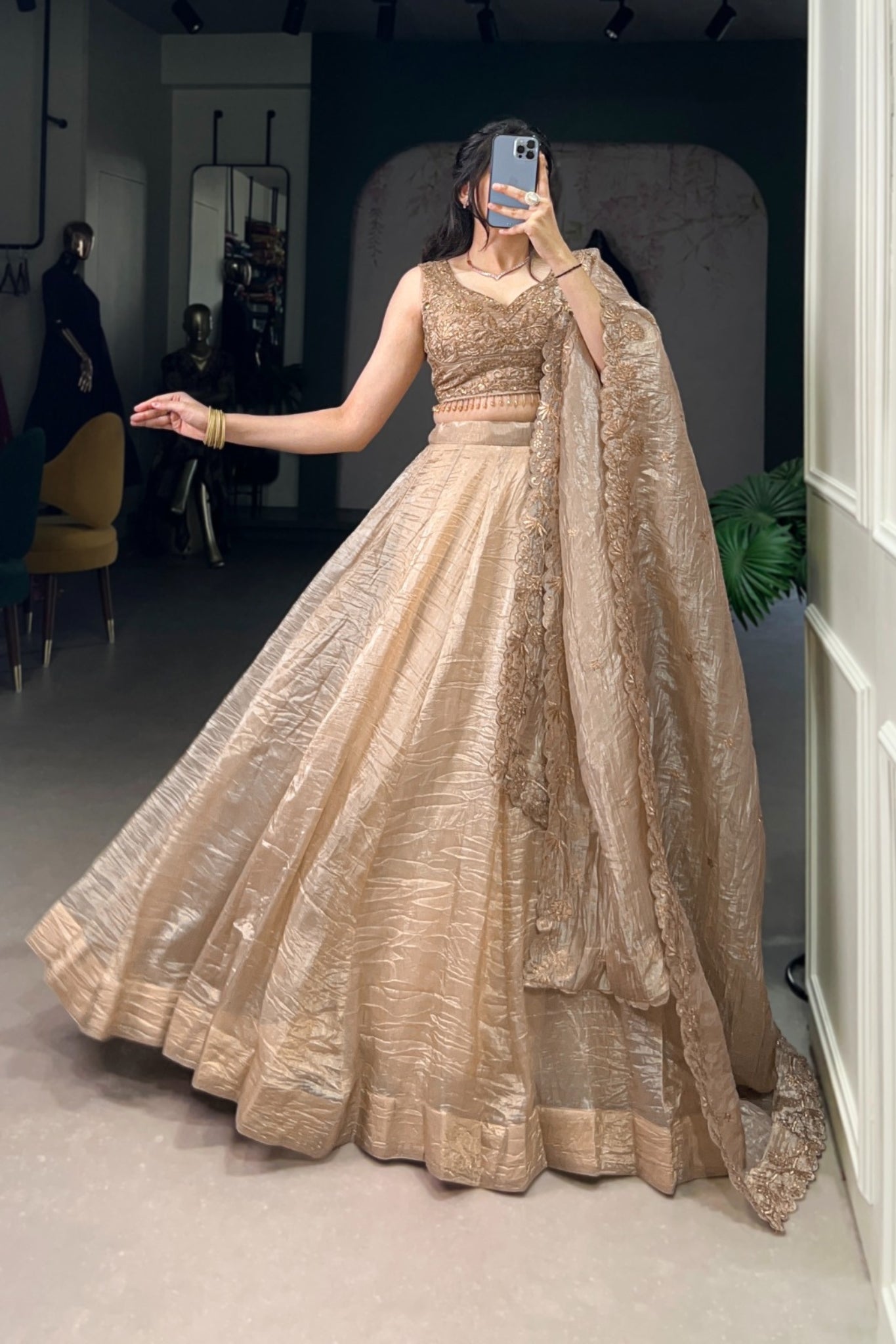 Embroidered Gold Crush Wedding Lehenga Set For Women