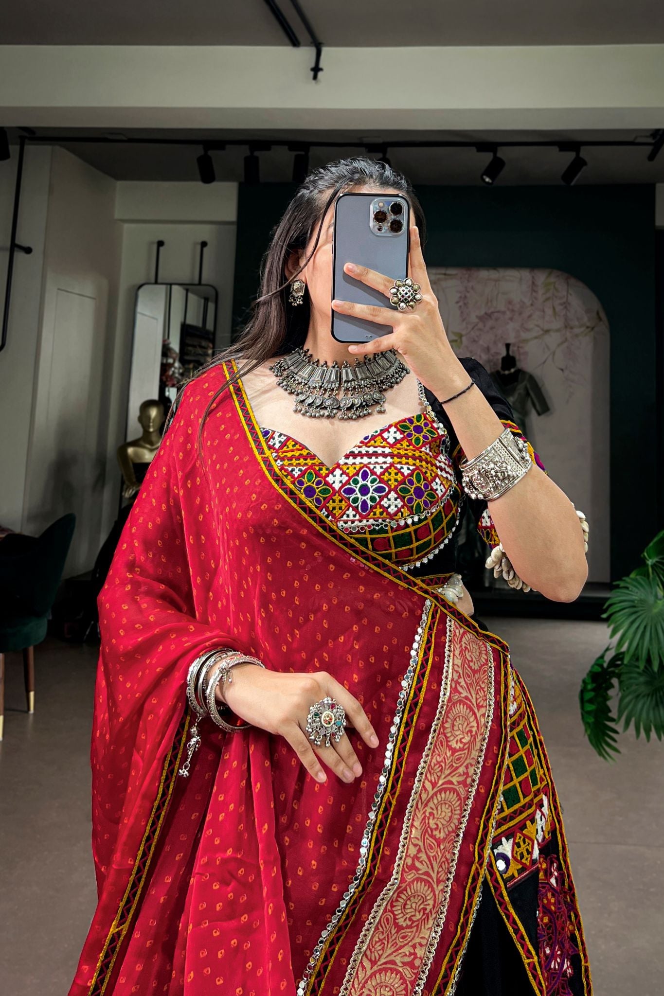 Raasrang Navratri Designer Black Lehenga Choli with Kutchi Embroidery & Bandhani Dupatta