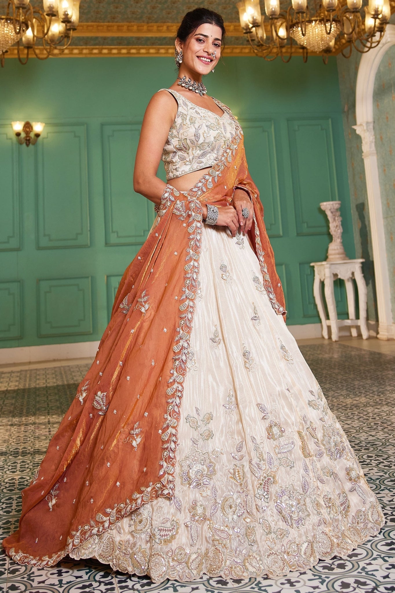 Premium Pure Tissue Ivory Orange Designer Lehenga Choli For Wedding & Festive Wear