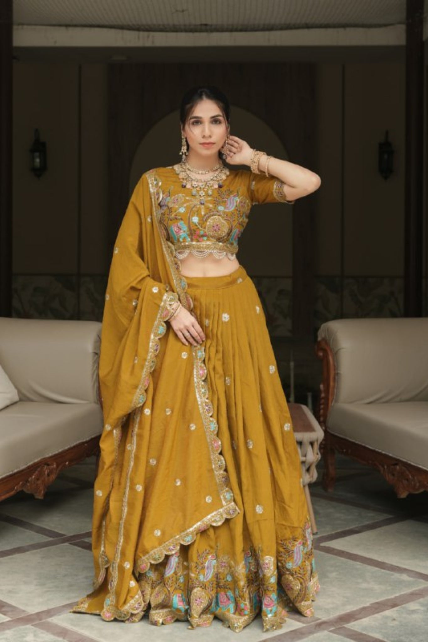 Royal Mustard Haldi Designer Lehenga Choli With Multicolor Embroidery And Designer Dupatta